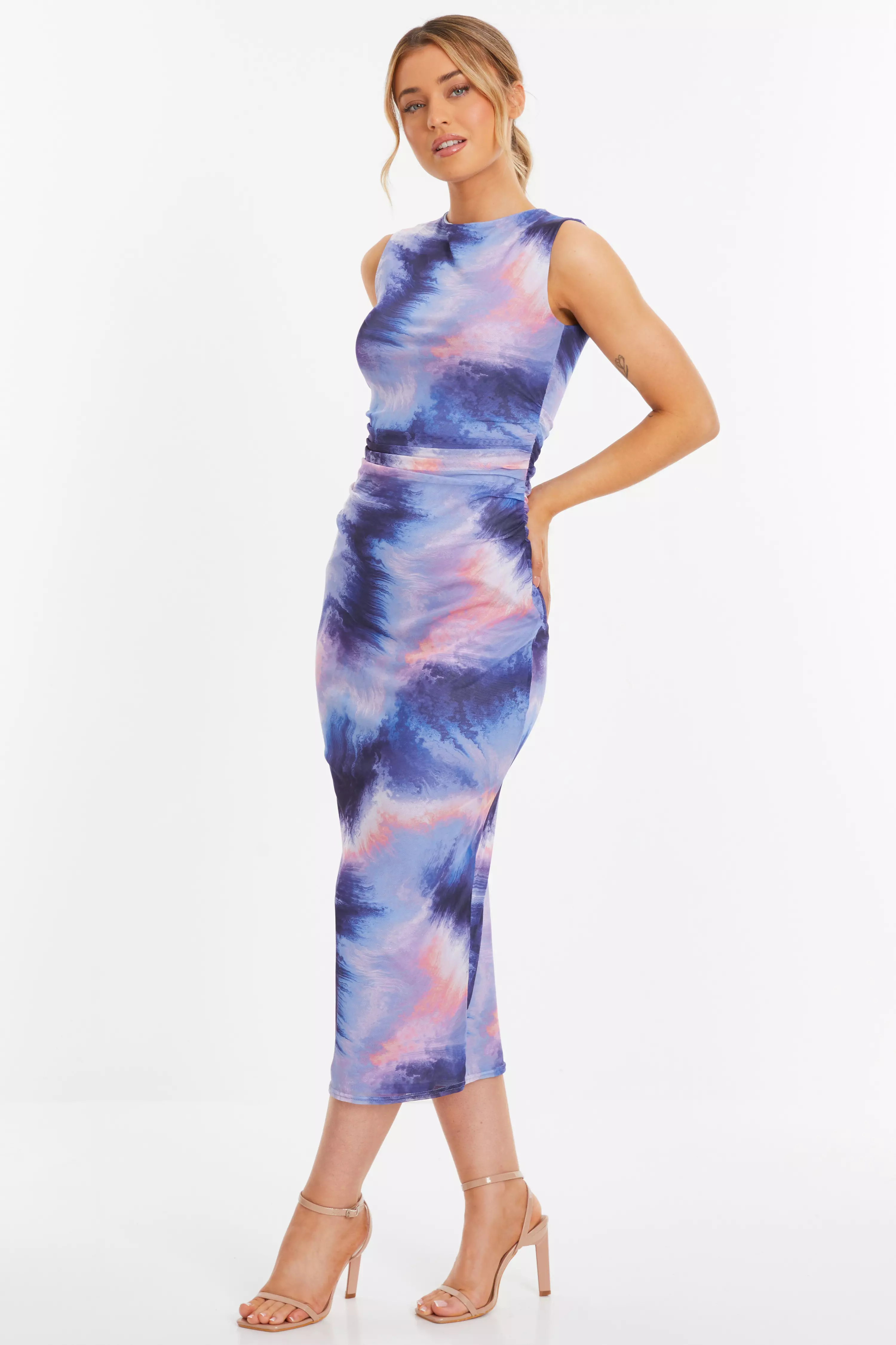 Lilac Abstract Print Mesh Midaxi Dress