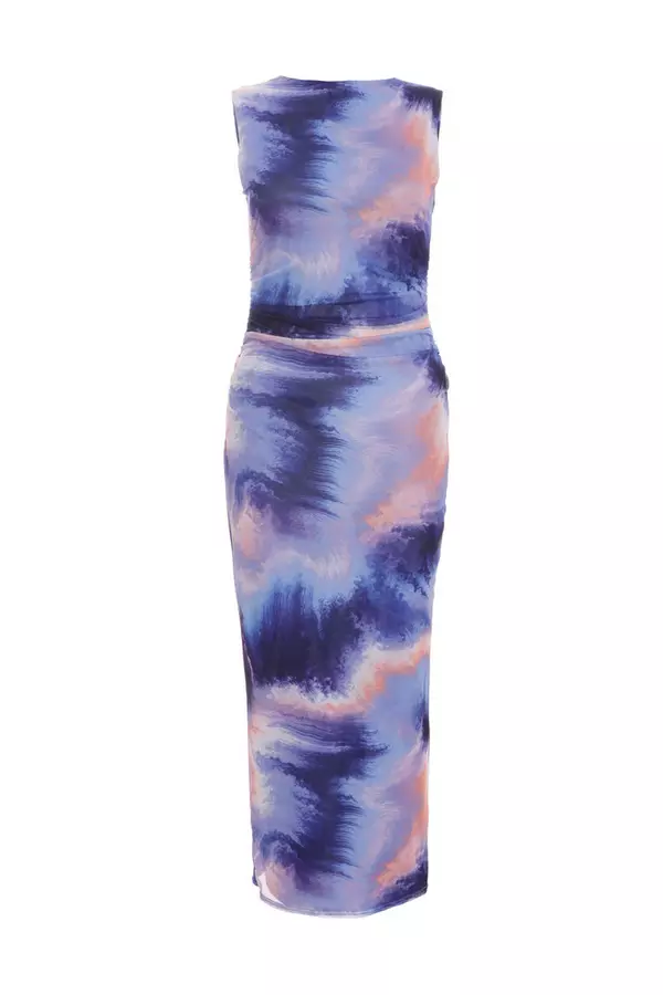 Lilac Abstract Print Mesh Midaxi Dress