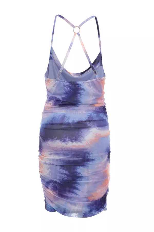 Lilac Abstract Print Mesh Bodycon Mini Dress