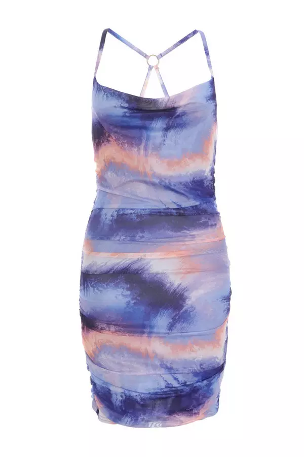 Lilac Abstract Print Mesh Bodycon Mini Dress
