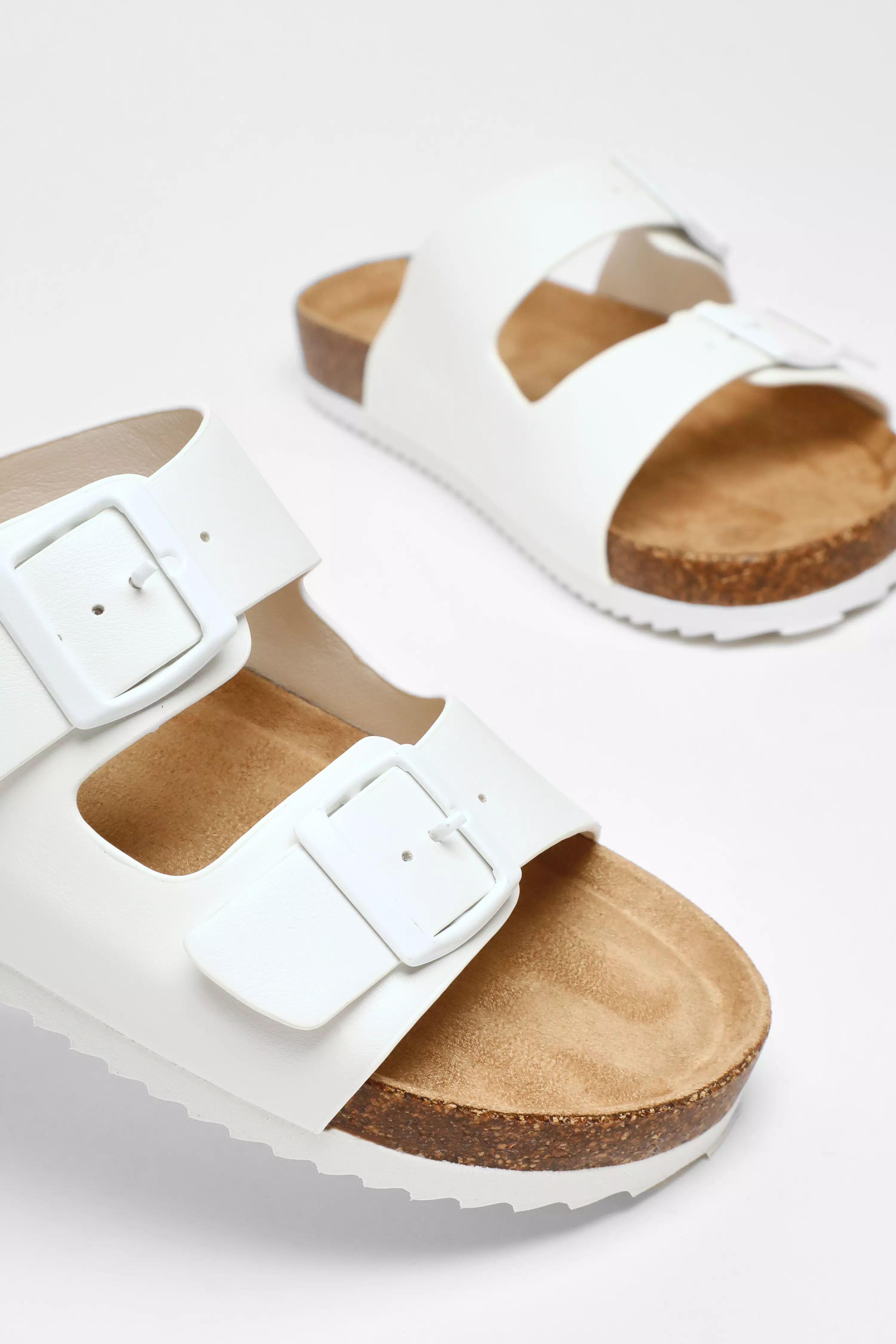 White Faux Leather Double Strap Flat Sandals