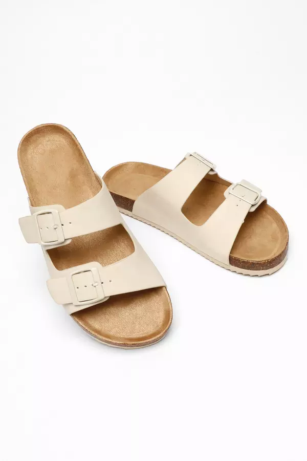 Nude Faux Leather Double Strap Flat Sandals