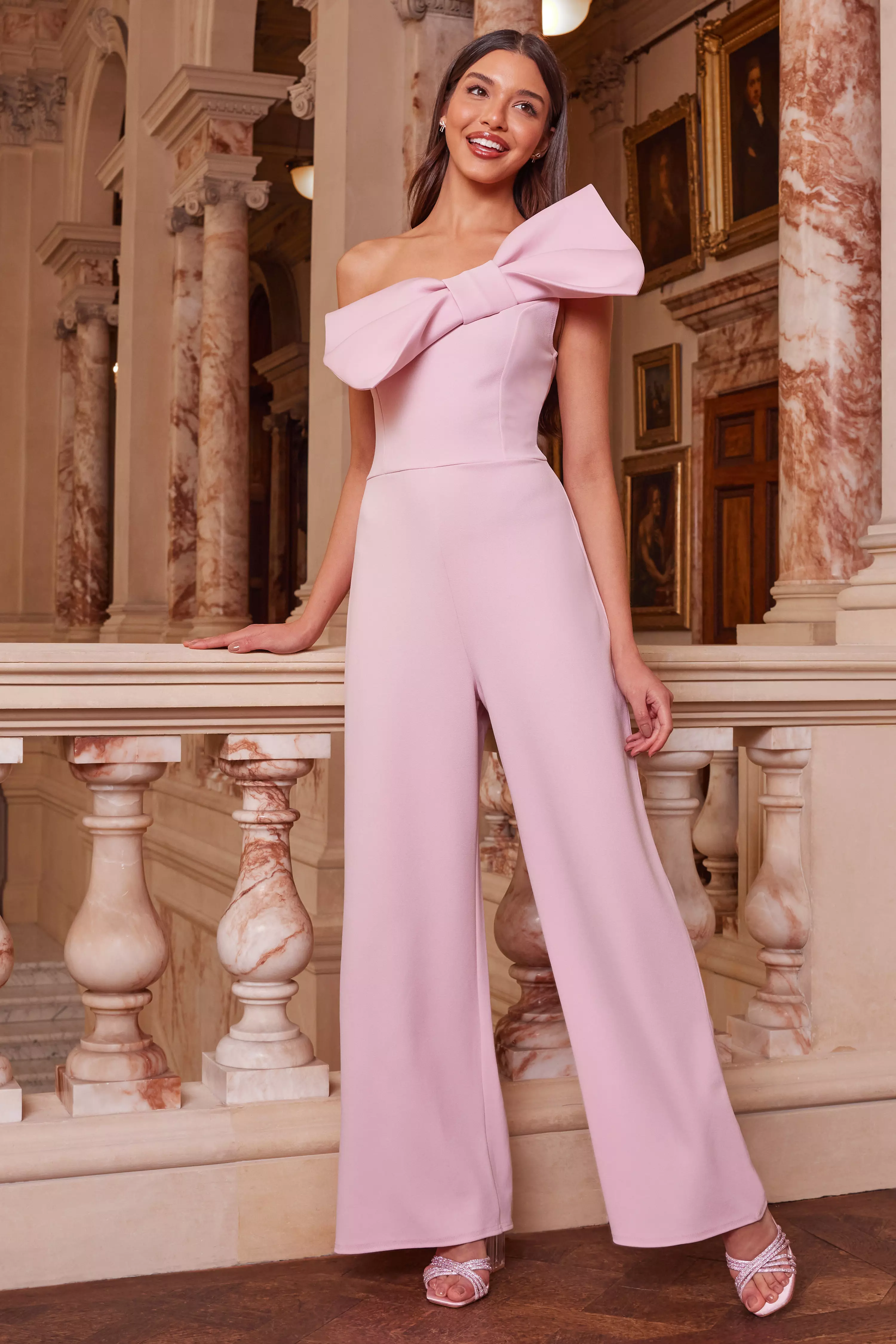 Pink One Shoulder Bow Palazzo Jumpsuit