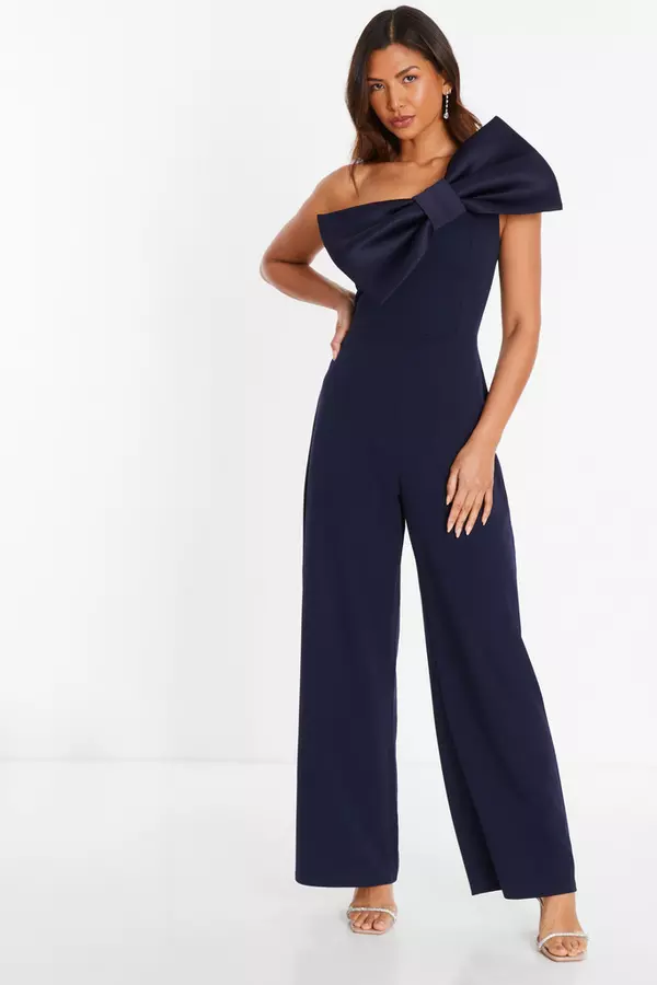 Navy One Shoulder Bow Palazzo Jumpsuit