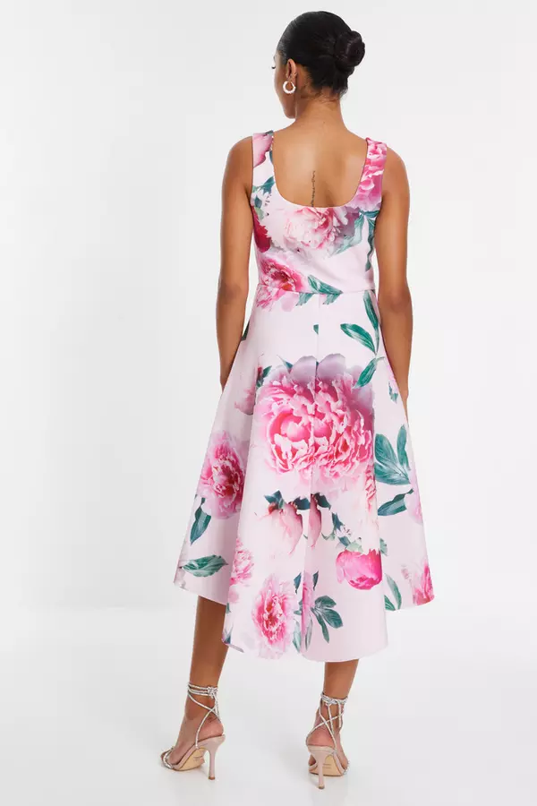 Pink Floral Dip Hem Midi Dress