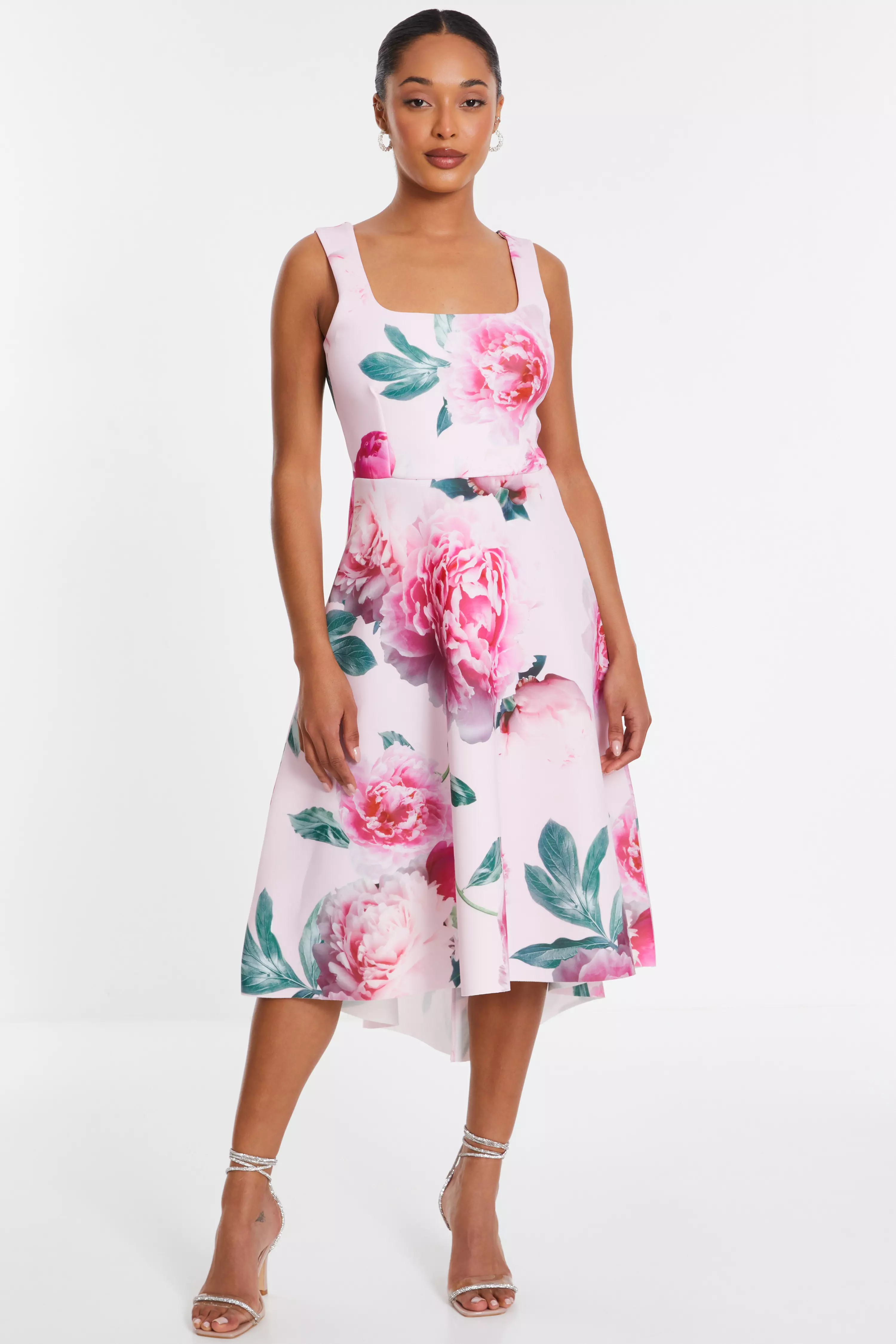 Pink Floral Dip Hem Midi Dress