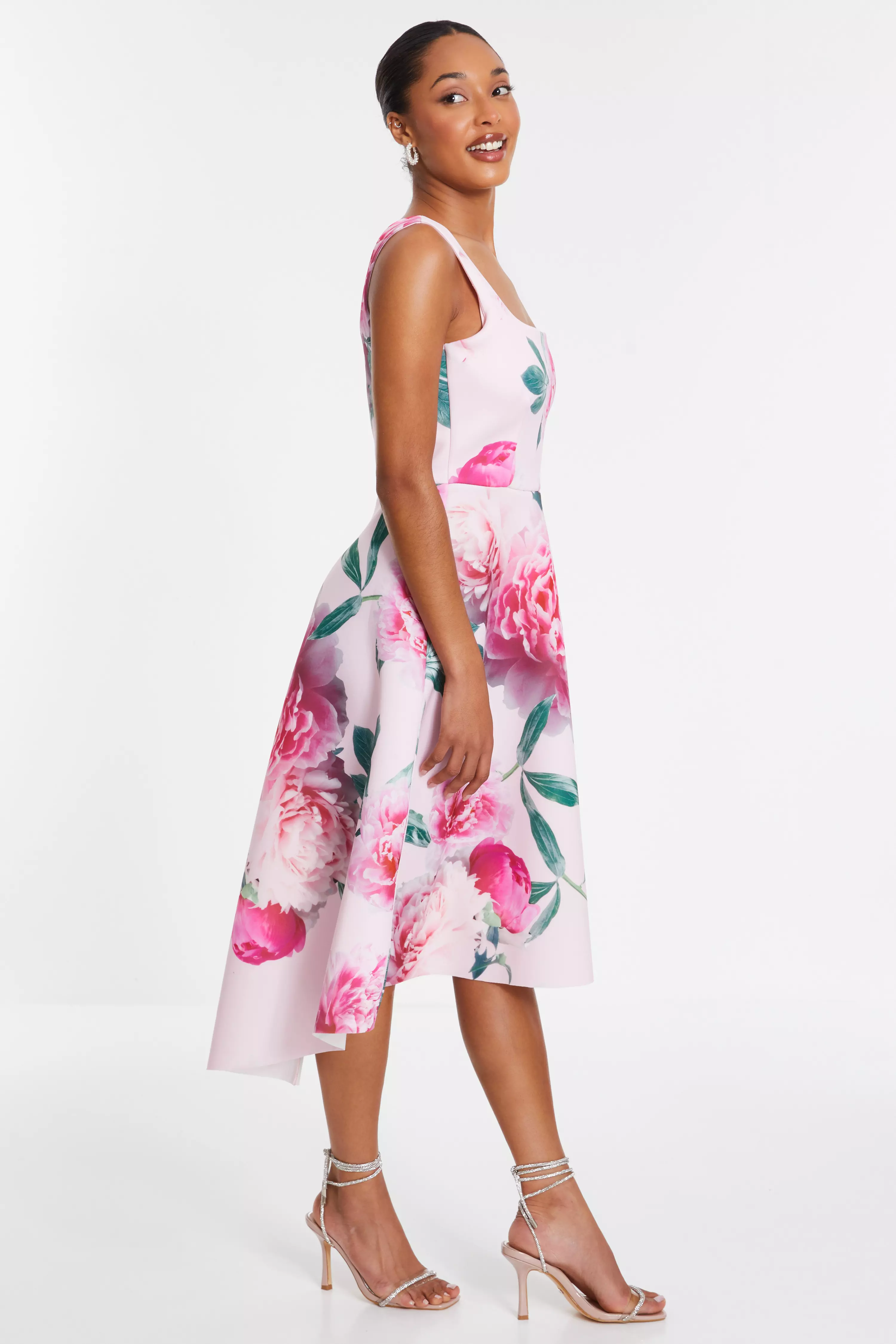 Pink Floral Dip Hem Midi Dress