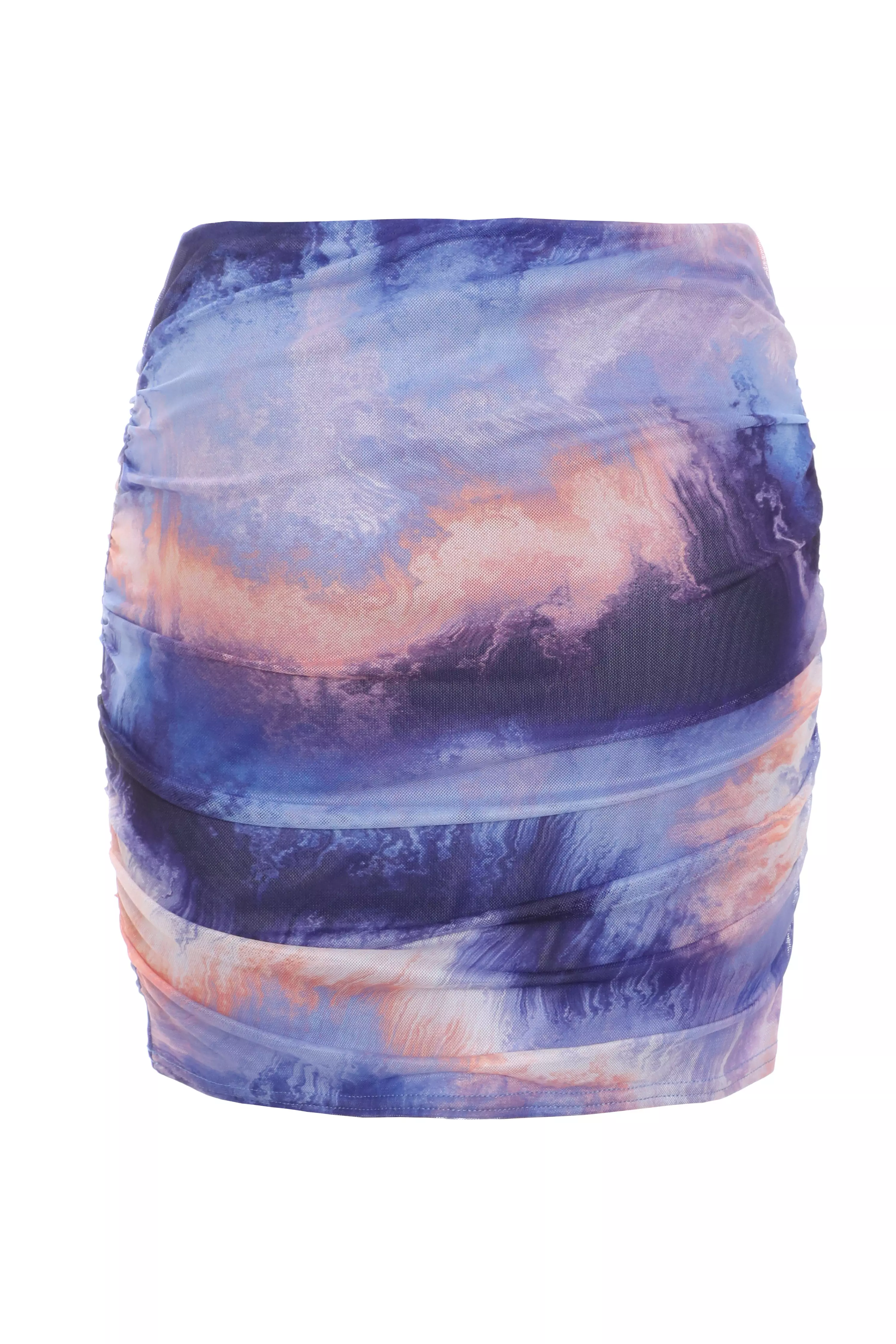 Purple Abstract Mesh Ruched Mini Skirt