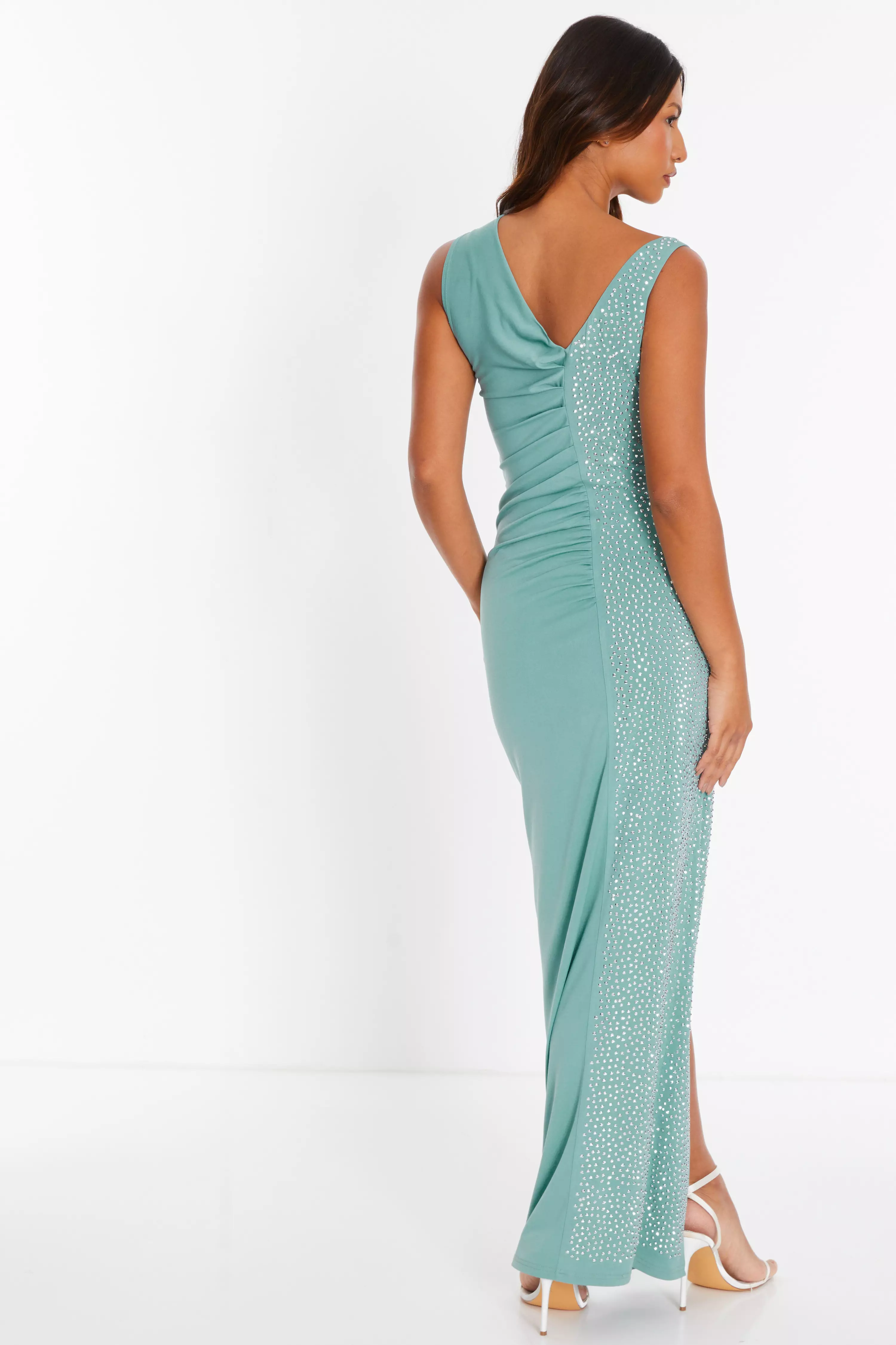 Teal Rhinestone Ruched One Shoulder Maxi Dress