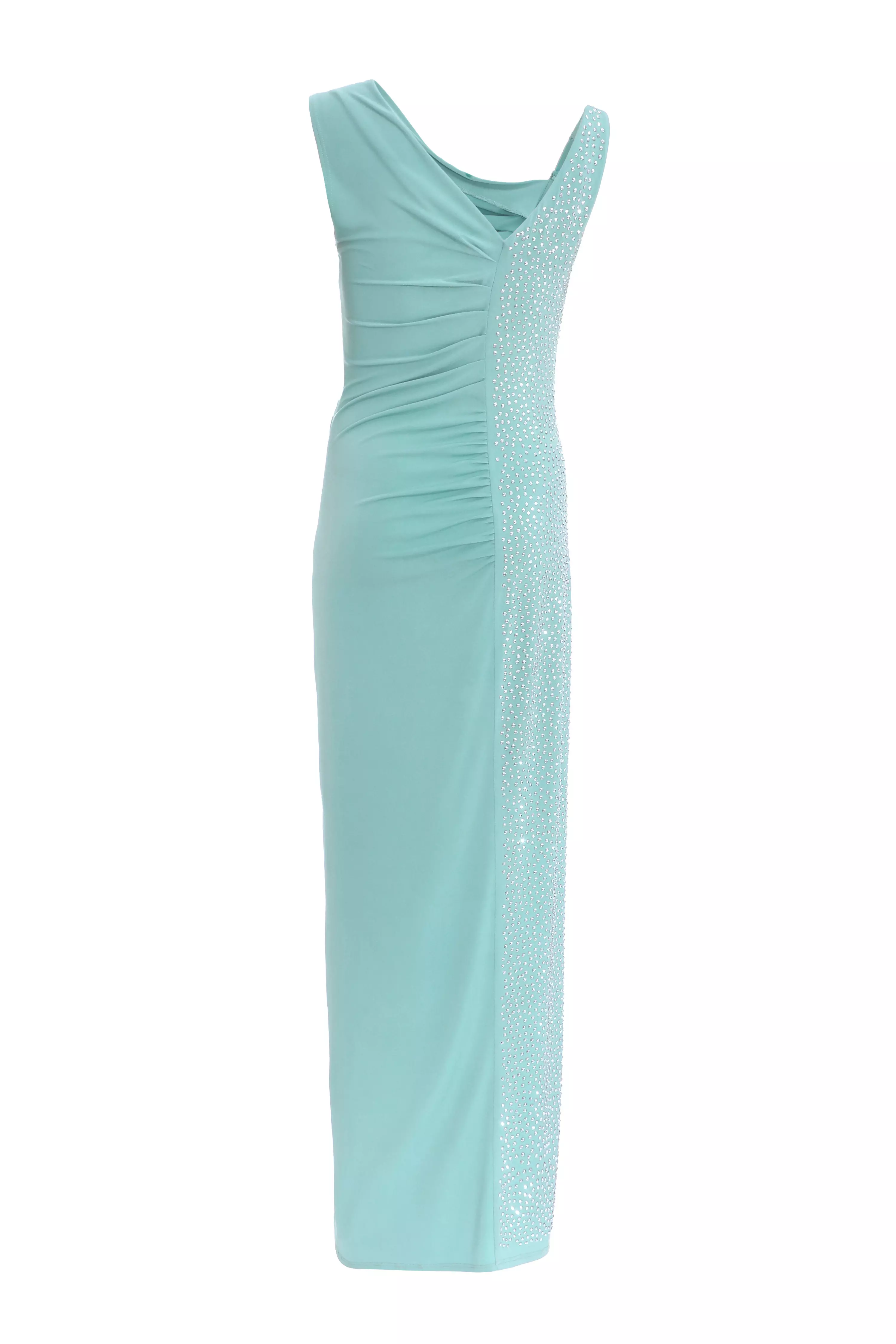 Teal Rhinestone Ruched One Shoulder Maxi Dress