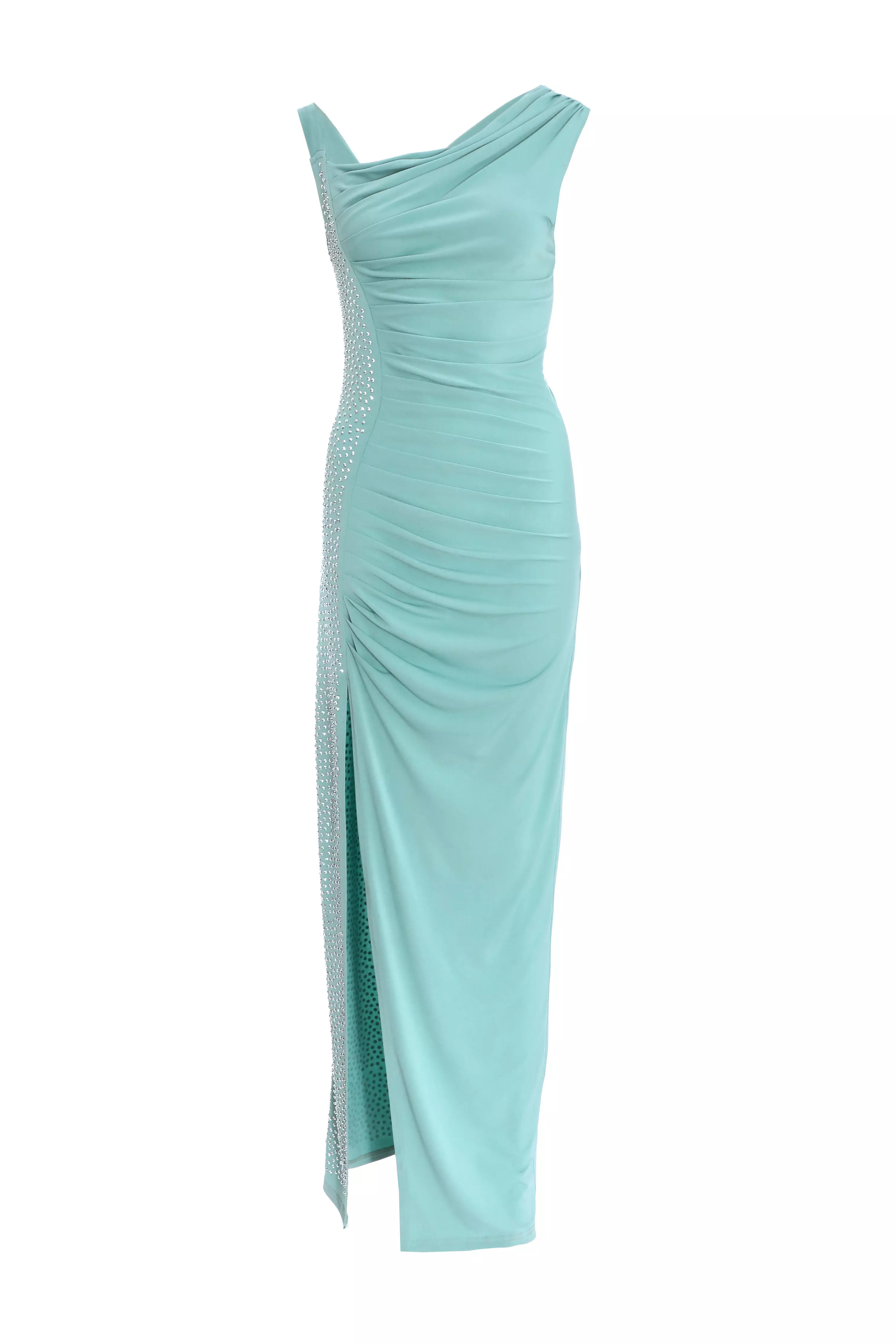 Teal Rhinestone Ruched One Shoulder Maxi Dress