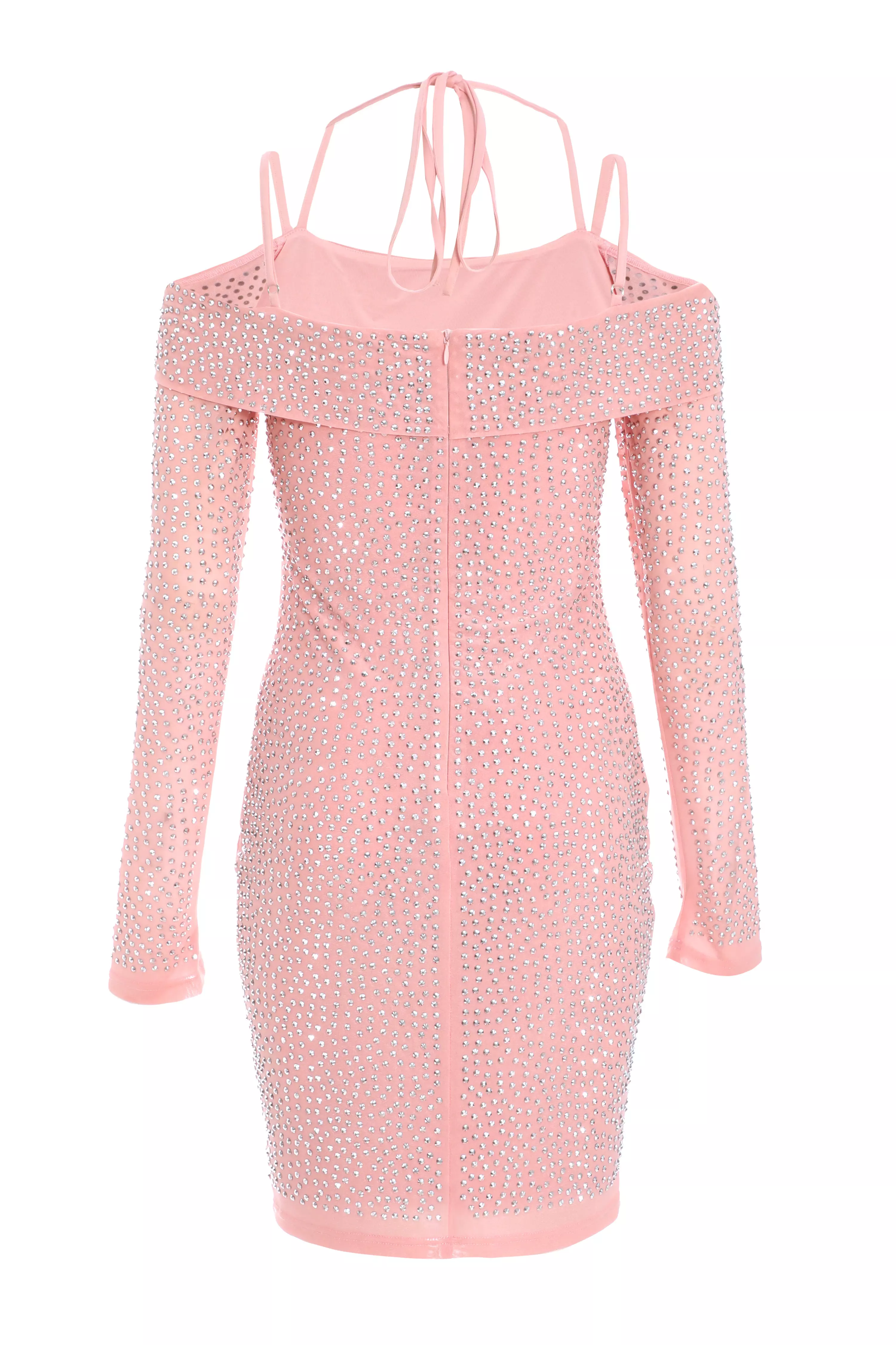 Pink Rhinestone Cold Shoulder Dress