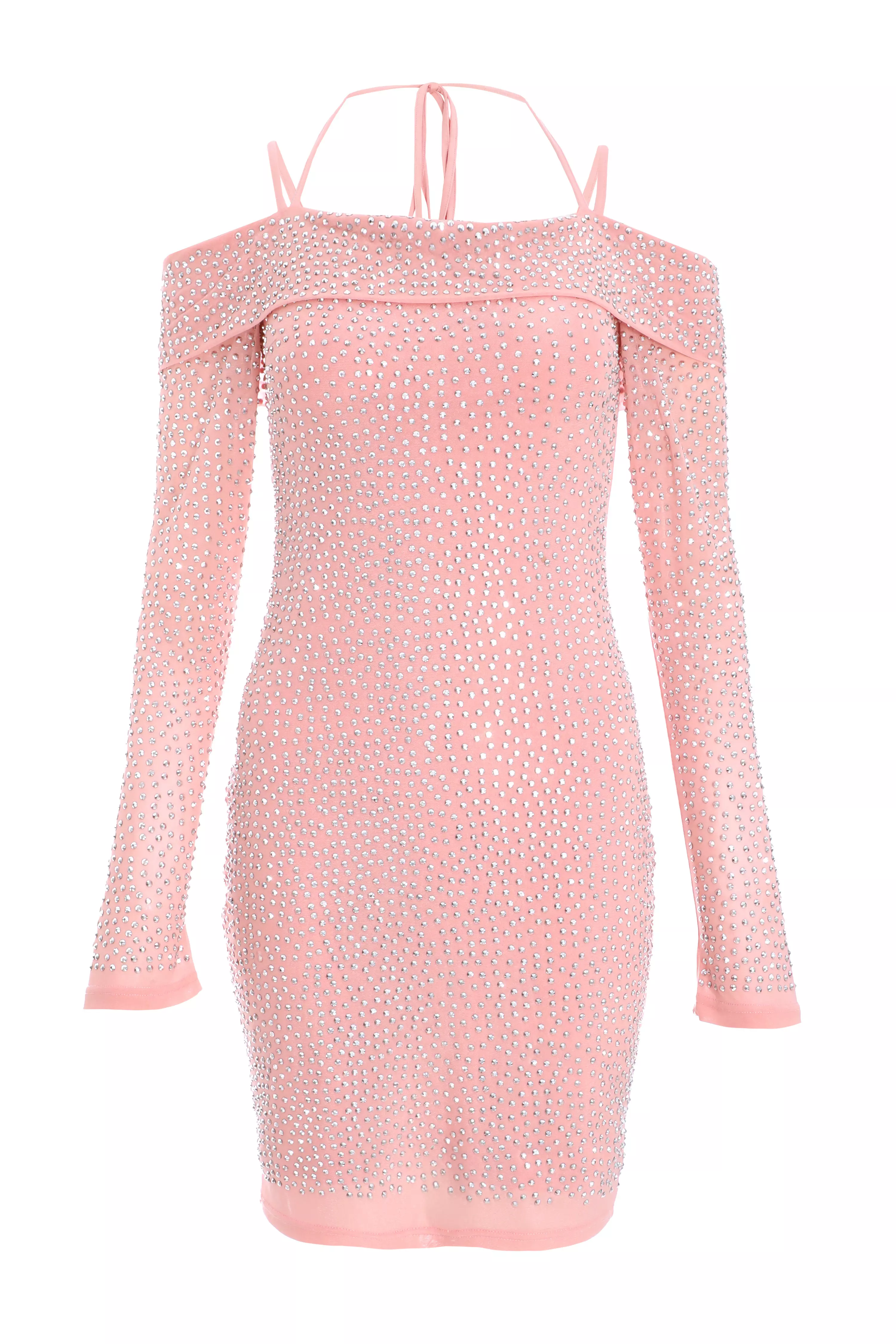 Pink Rhinestone Cold Shoulder Dress