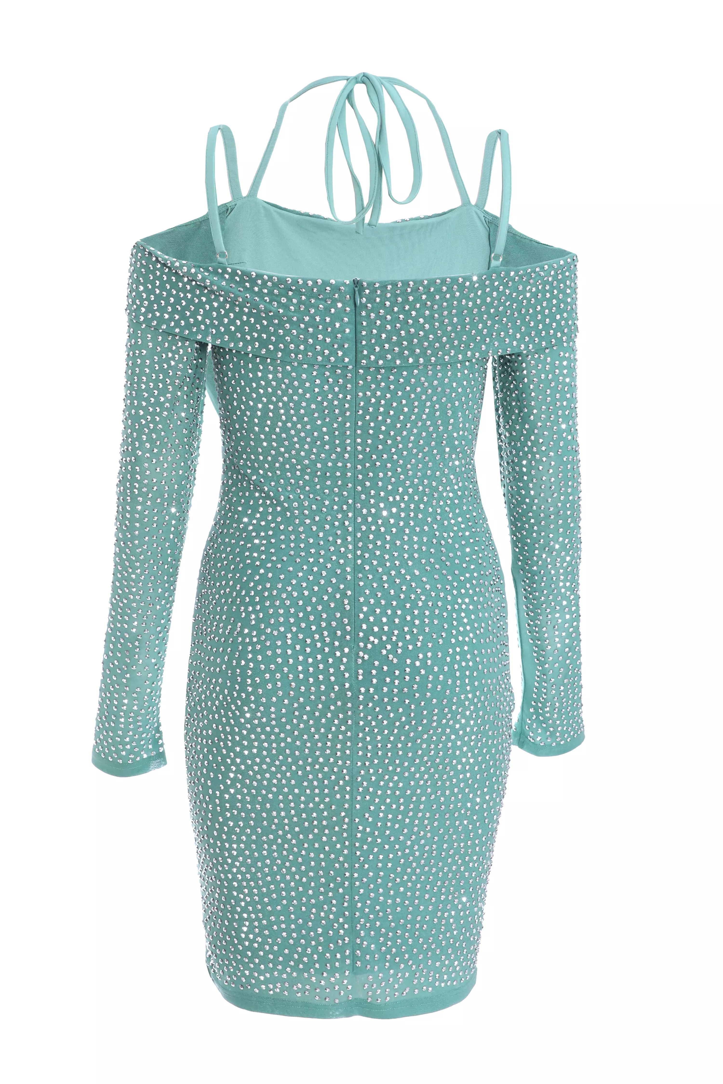 Teal Rhinestone Bodycon Mini Dress