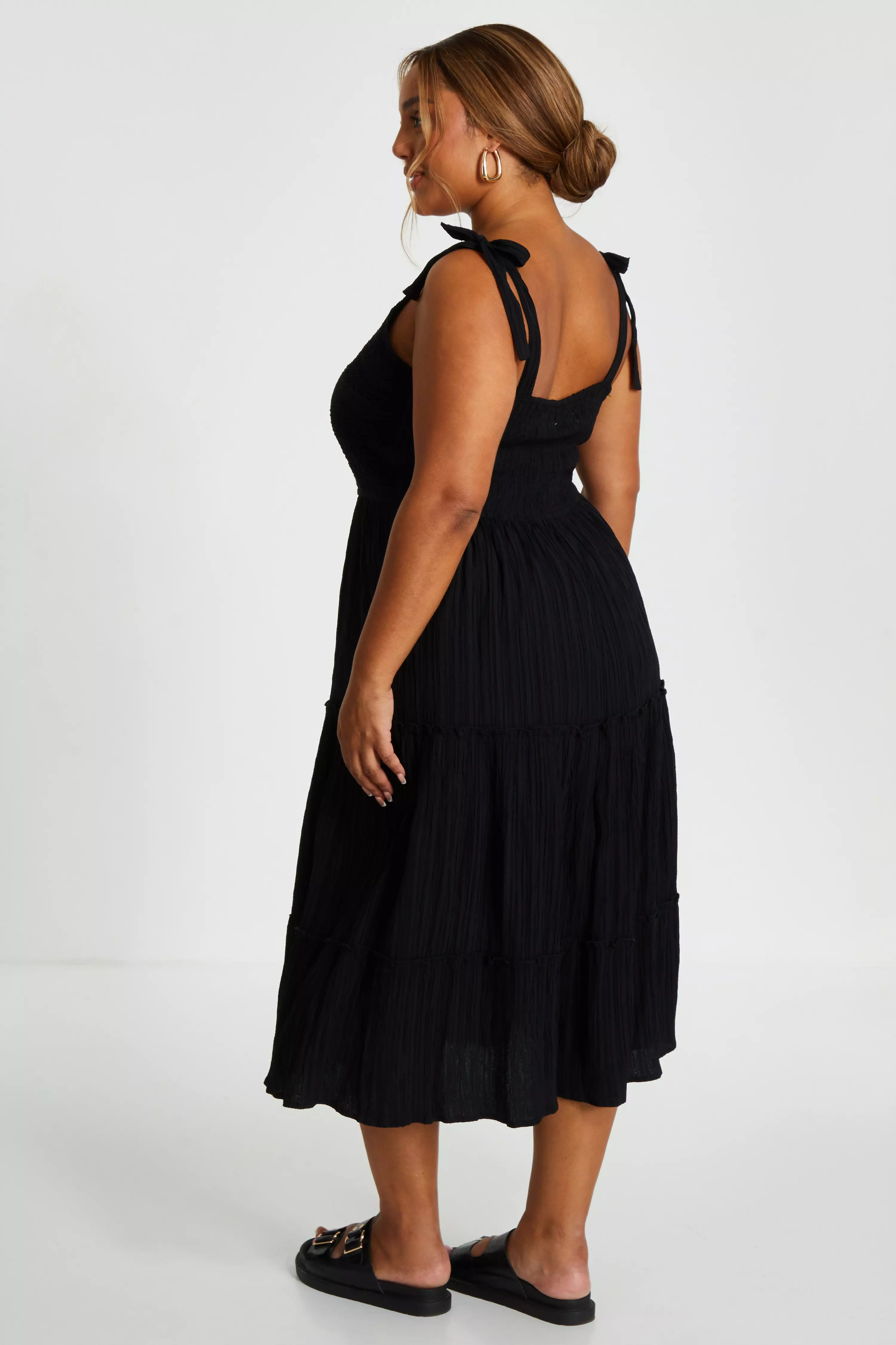 Curve Black Strappy Tiered Midi Dress