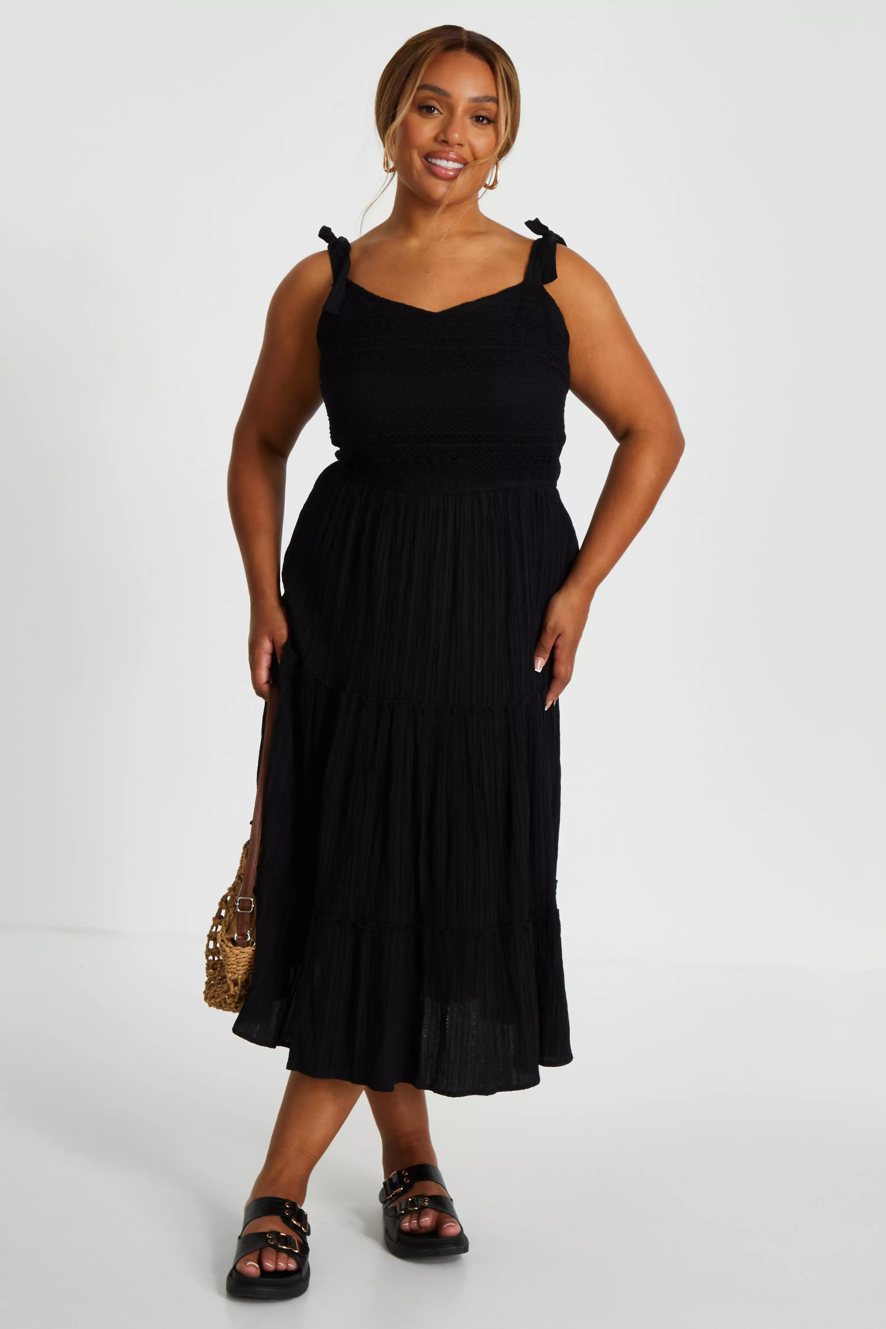 Curve Black Strappy Tiered Midi Dress