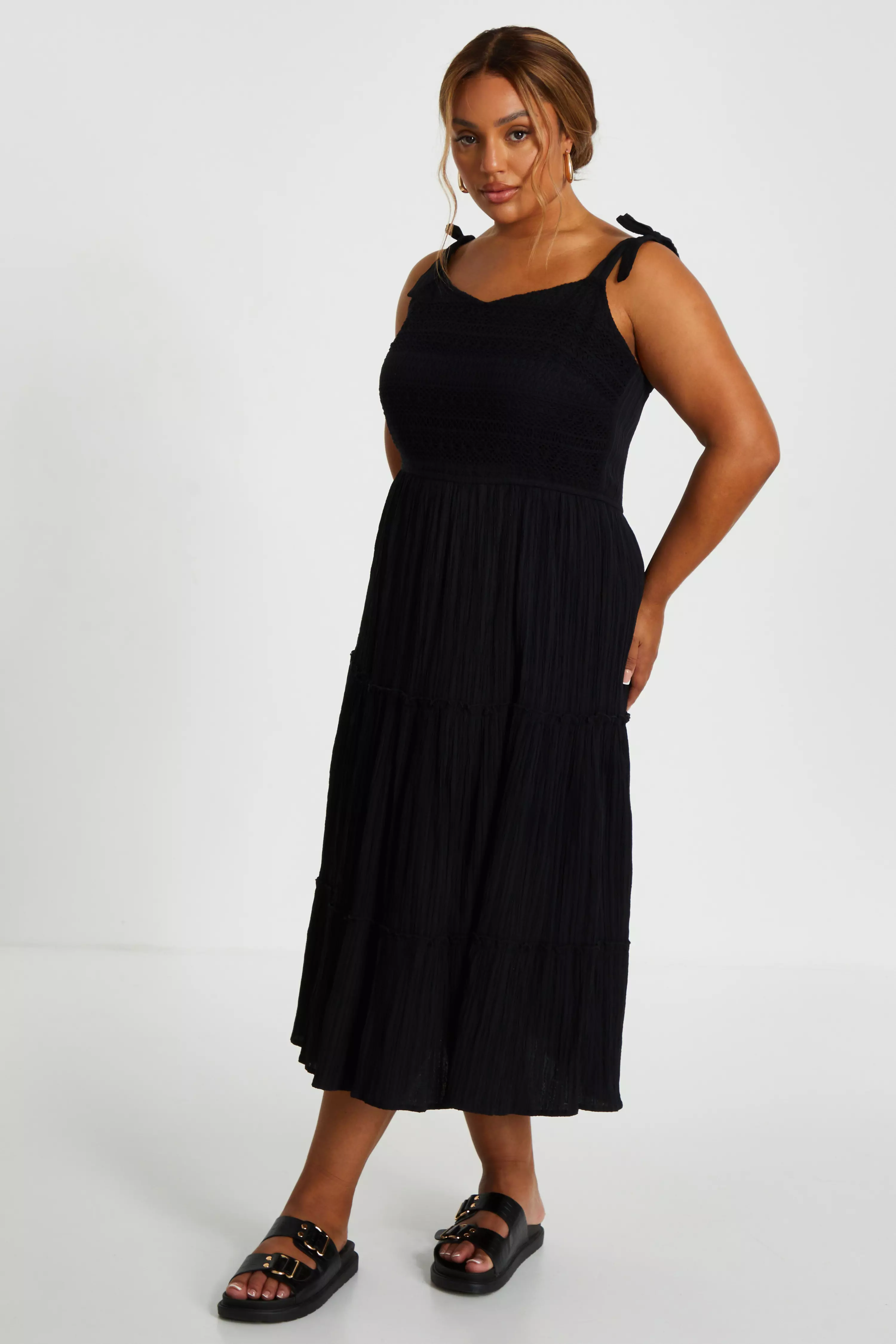 Curve Black Strappy Tiered Midi Dress