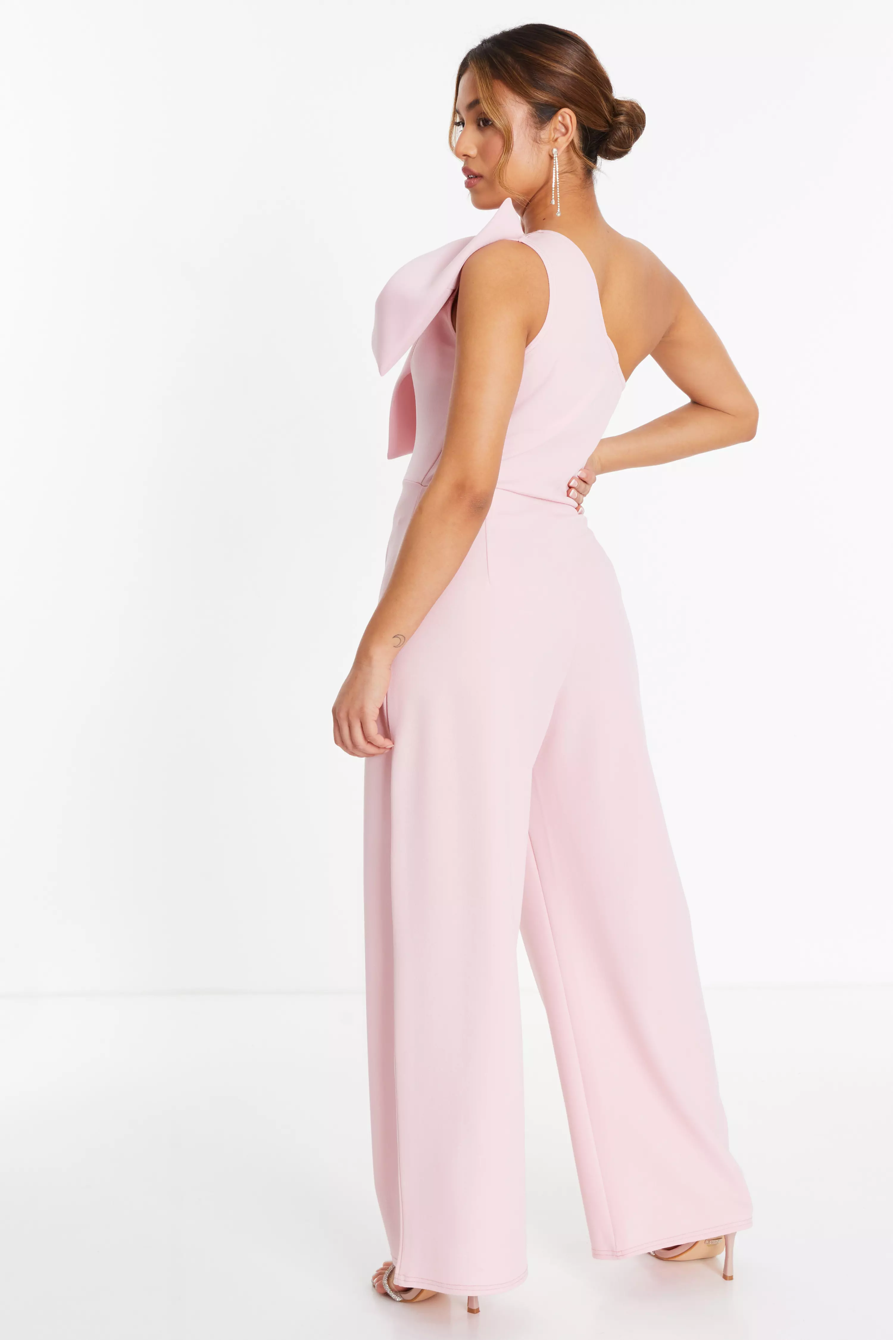 Petite Pink One Shoulder Bow Palazzo Jumpsuit