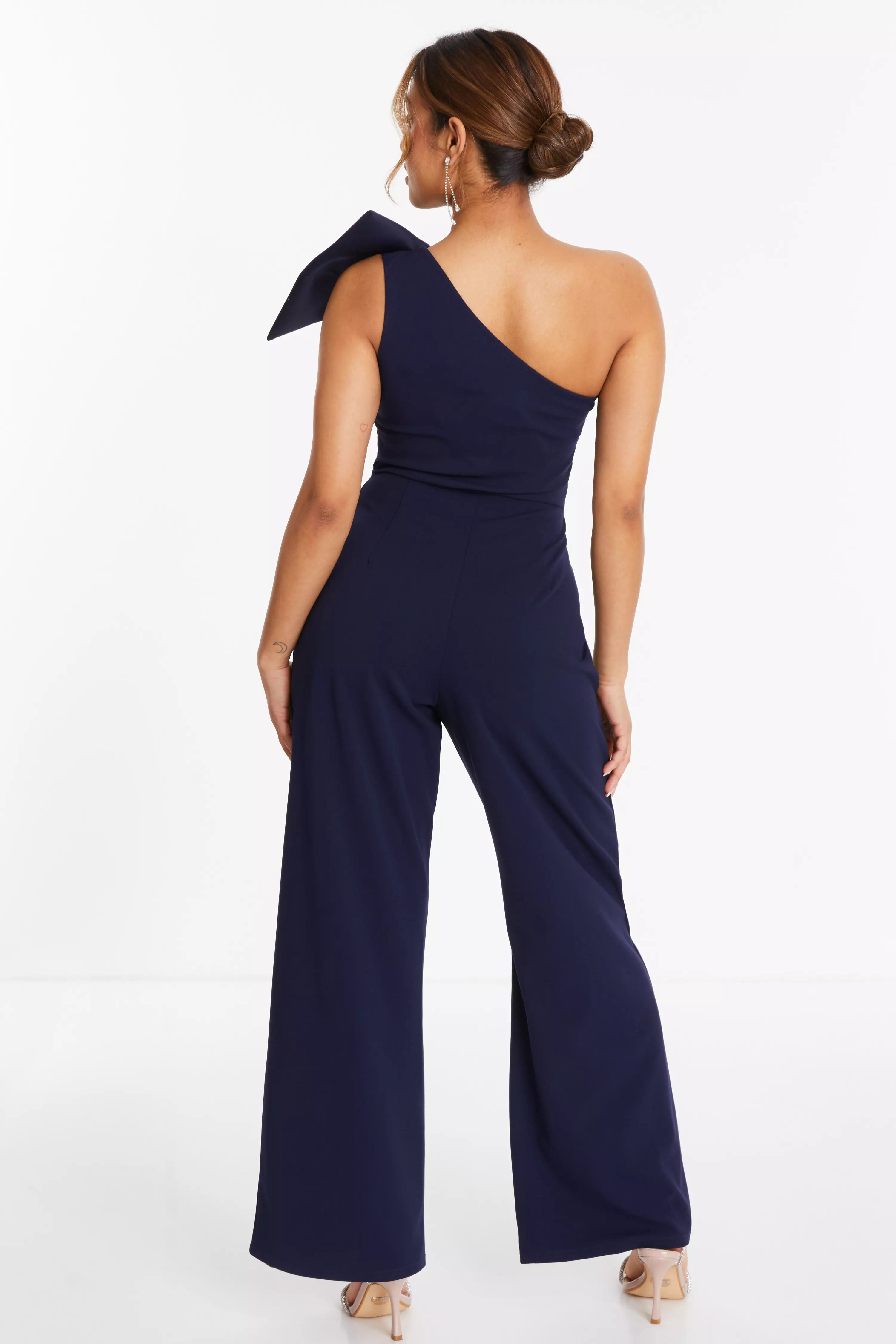 Petite Navy One Shoulder Bow Palazzo Jumpsuit