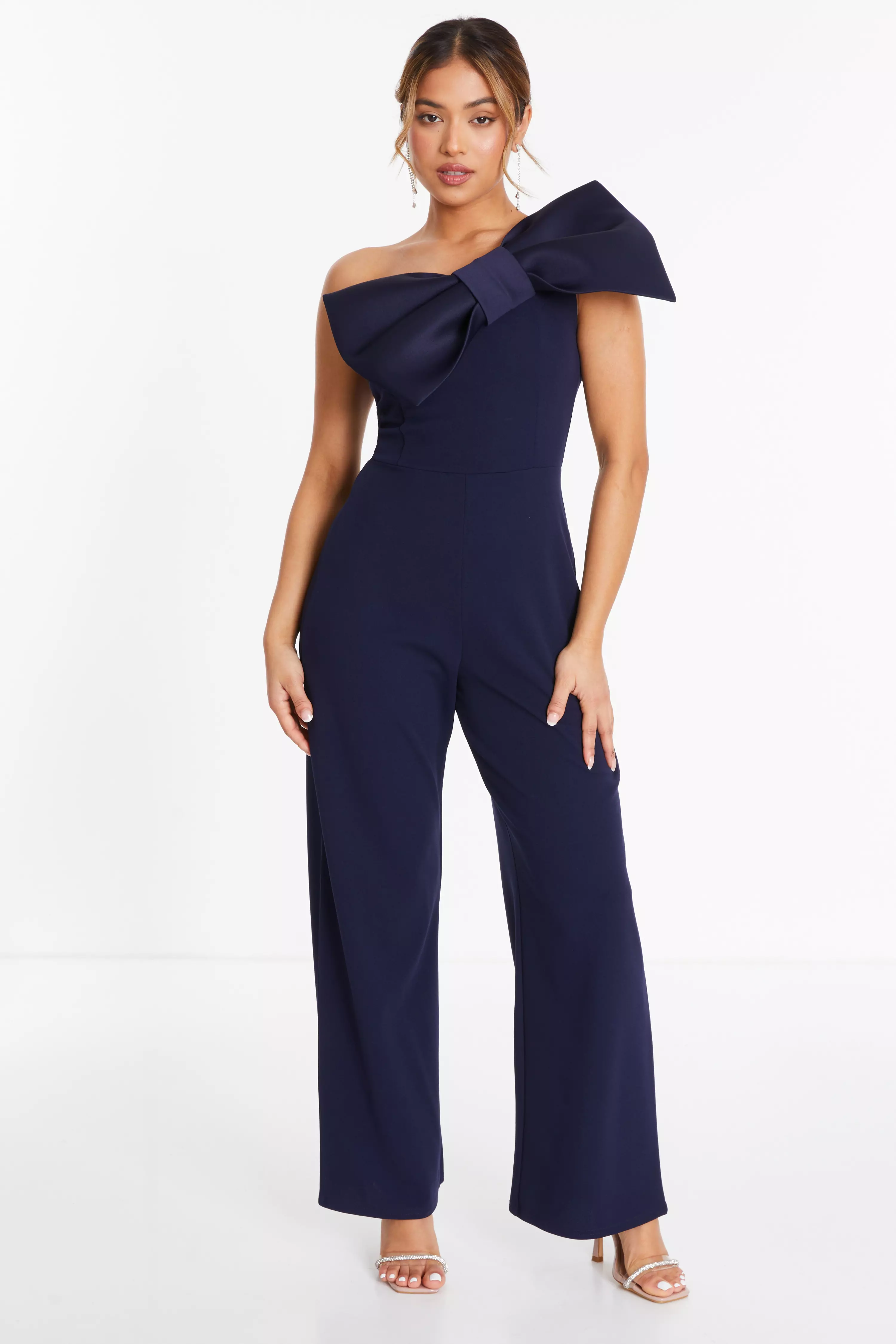 Petite Navy One Shoulder Bow Palazzo Jumpsuit