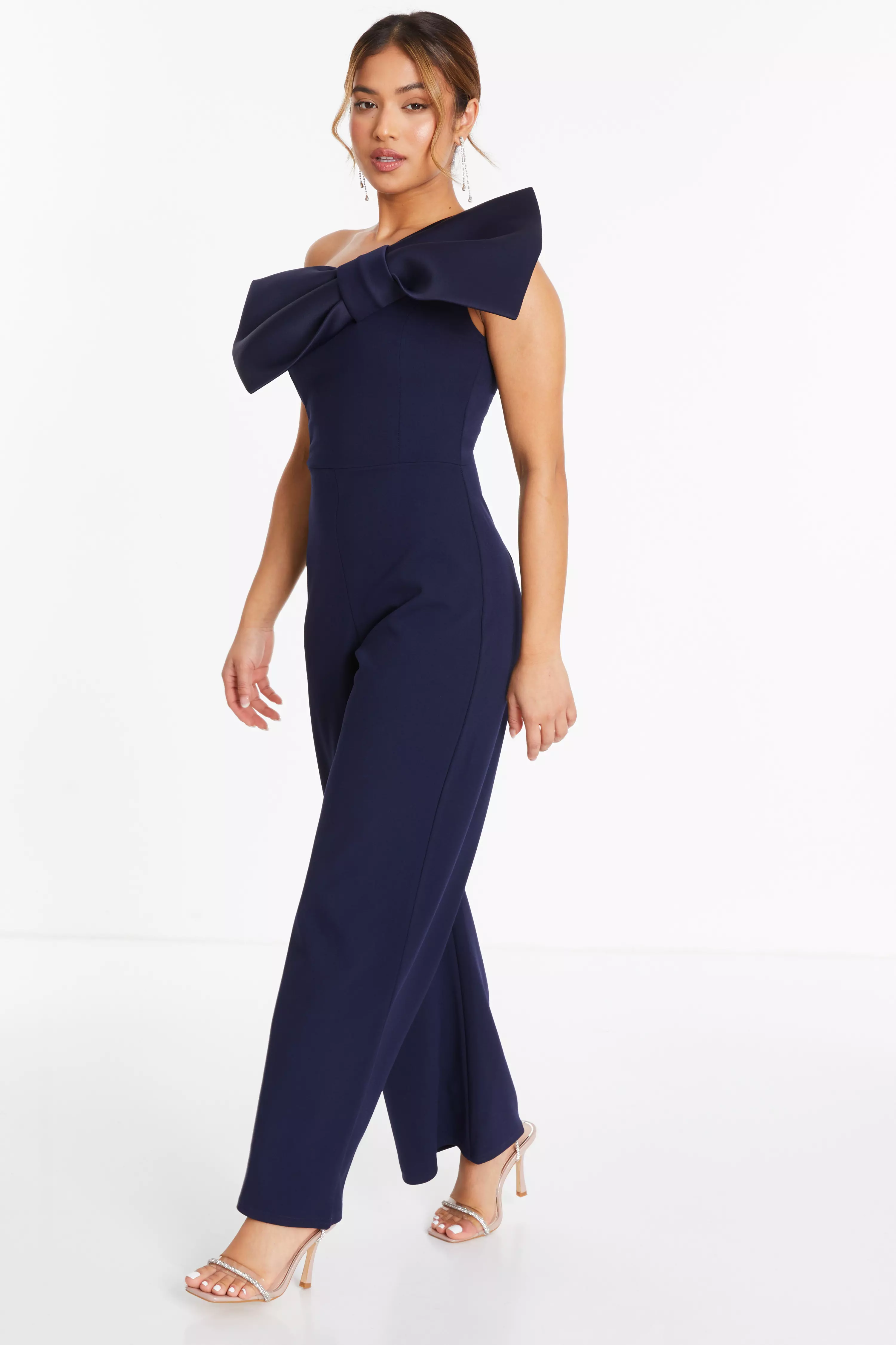 Petite Navy One Shoulder Bow Palazzo Jumpsuit