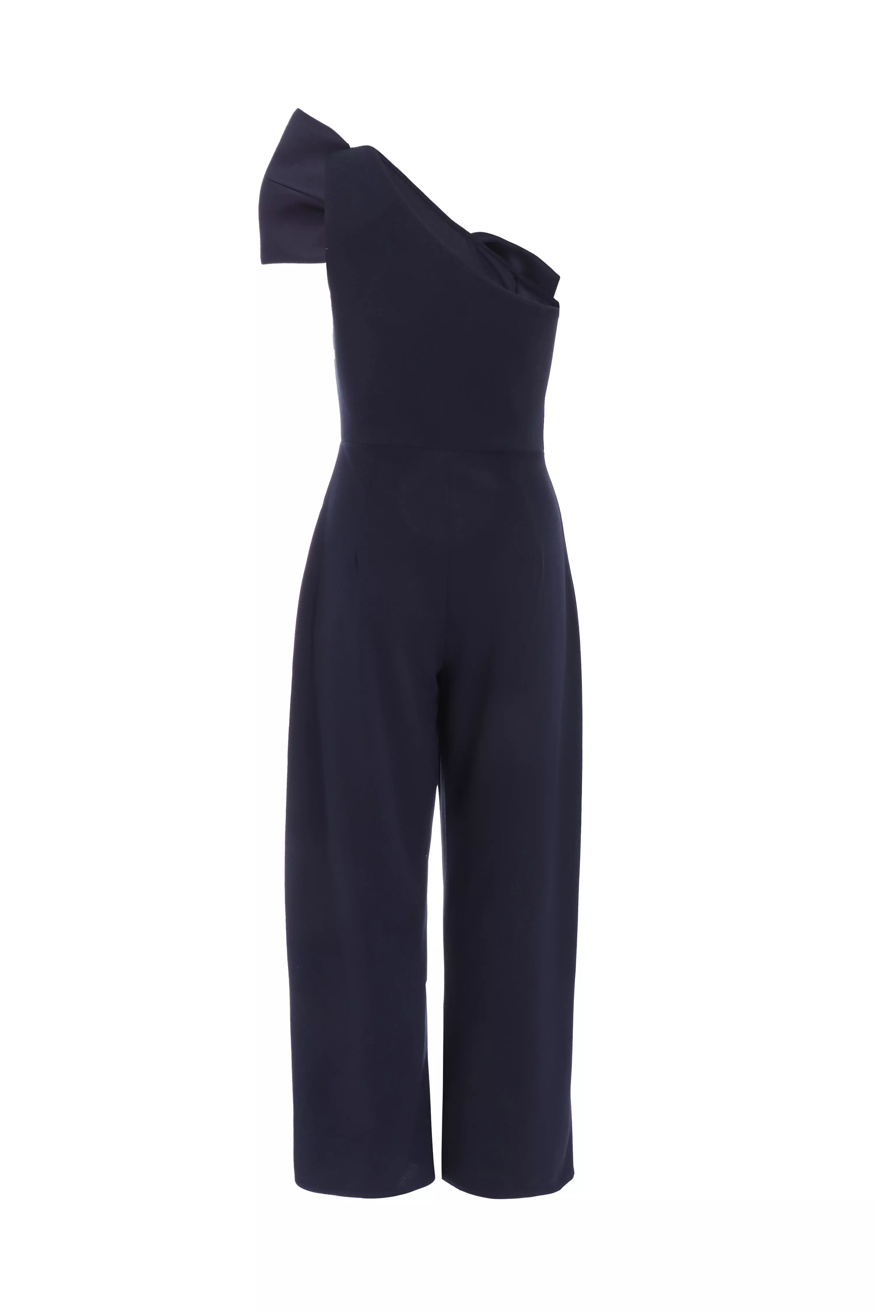 Petite Navy One Shoulder Bow Palazzo Jumpsuit