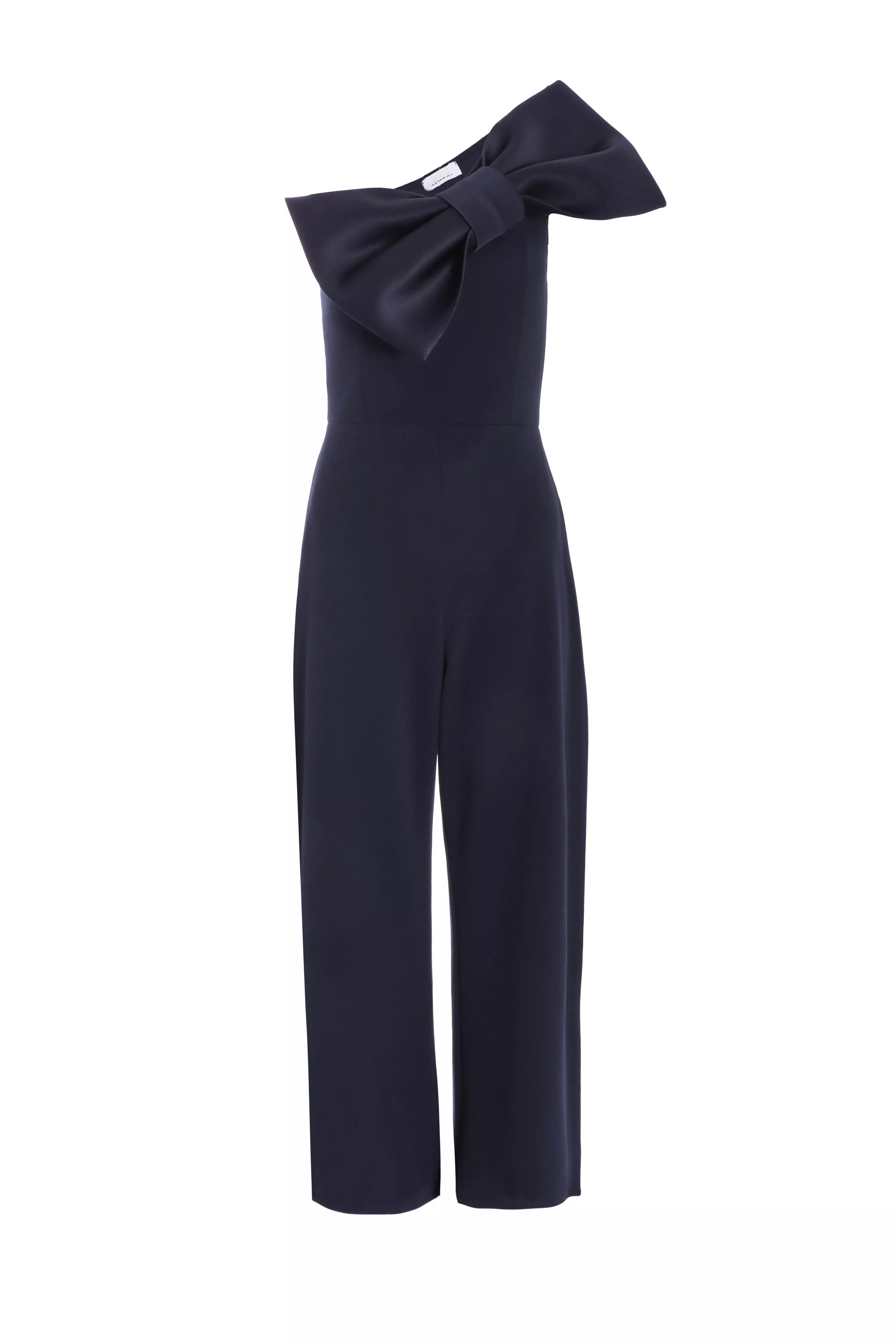 Petite Navy One Shoulder Bow Palazzo Jumpsuit