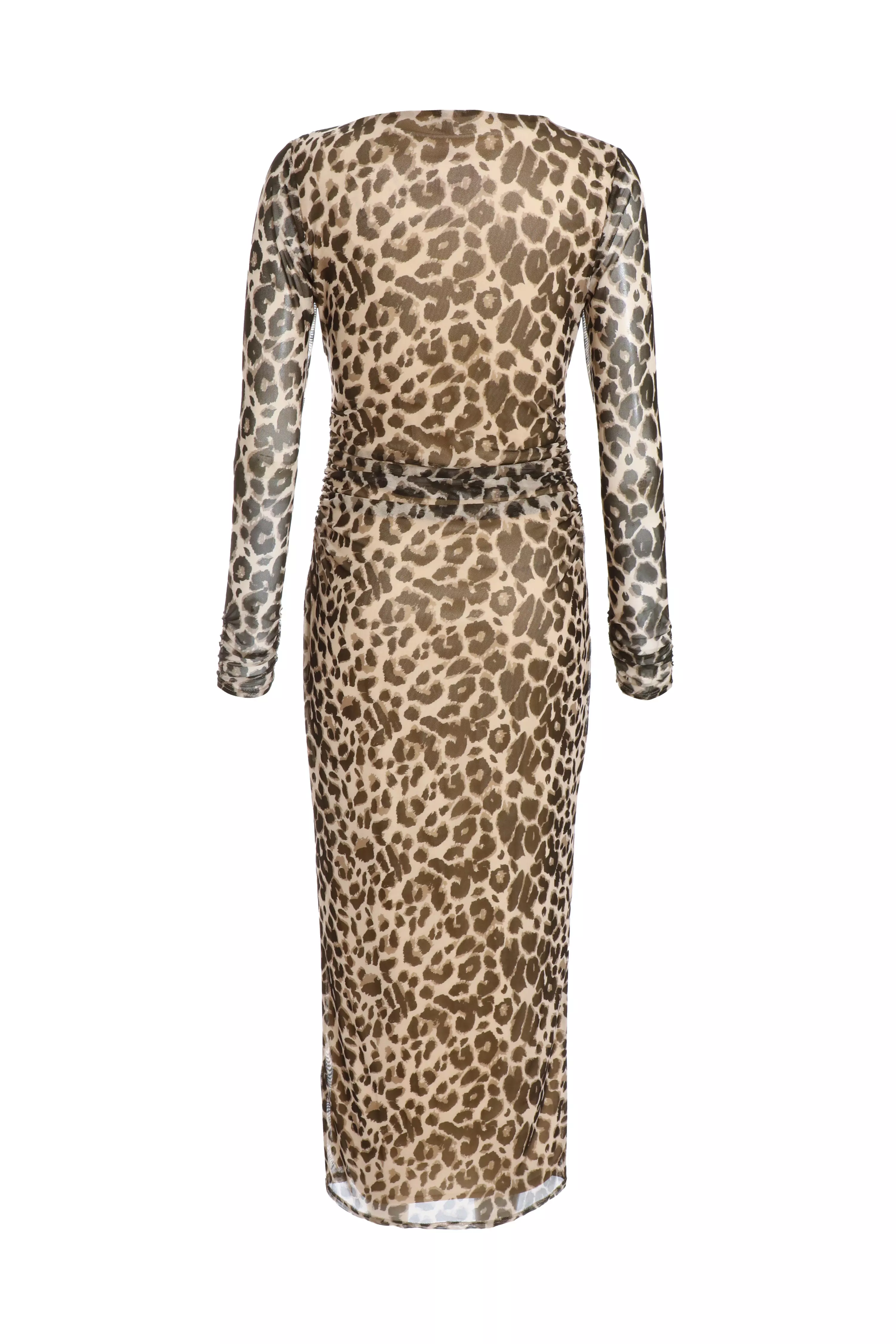 Stone Leopard Print Long Sleeve Mesh Midaxi Dress