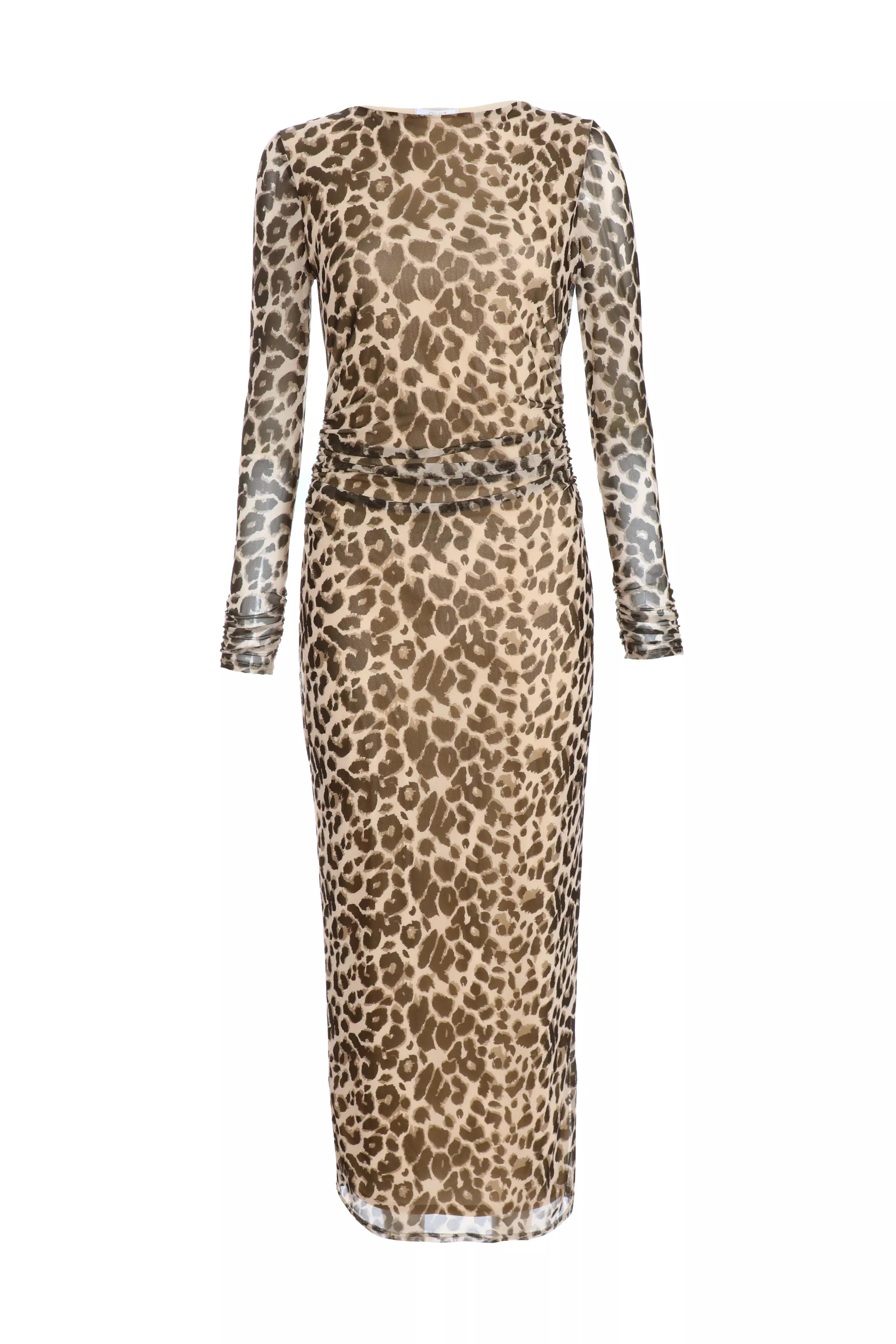 Stone Leopard Print Long Sleeve Mesh Midaxi Dress