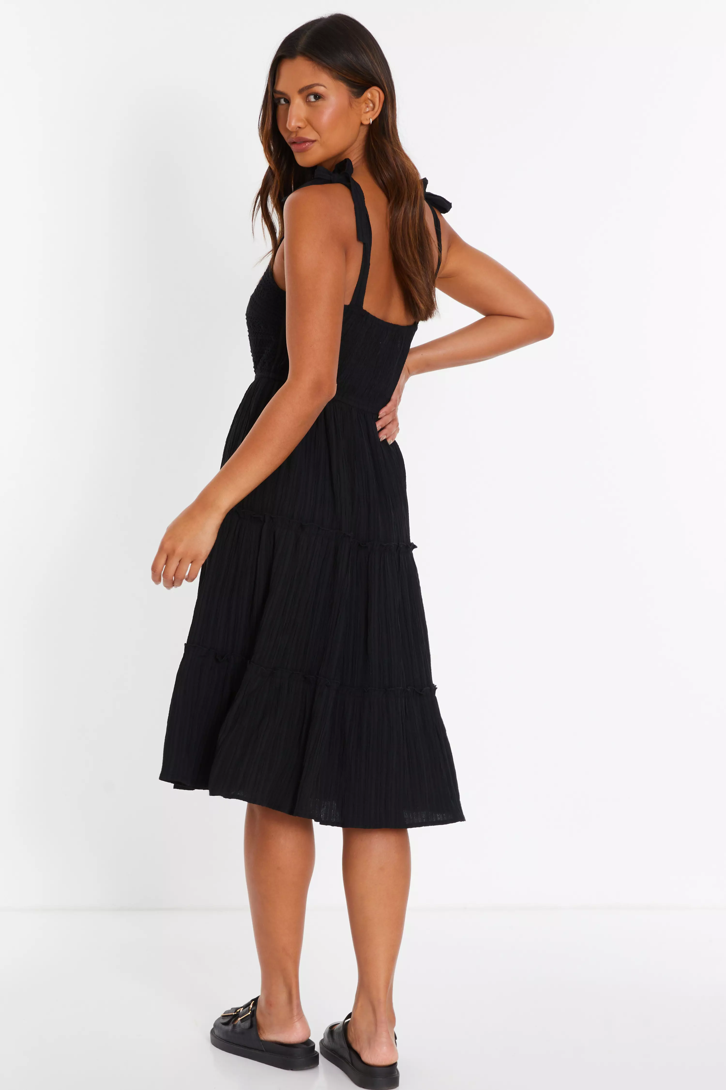 Black Strappy Tiered Midi Dress
