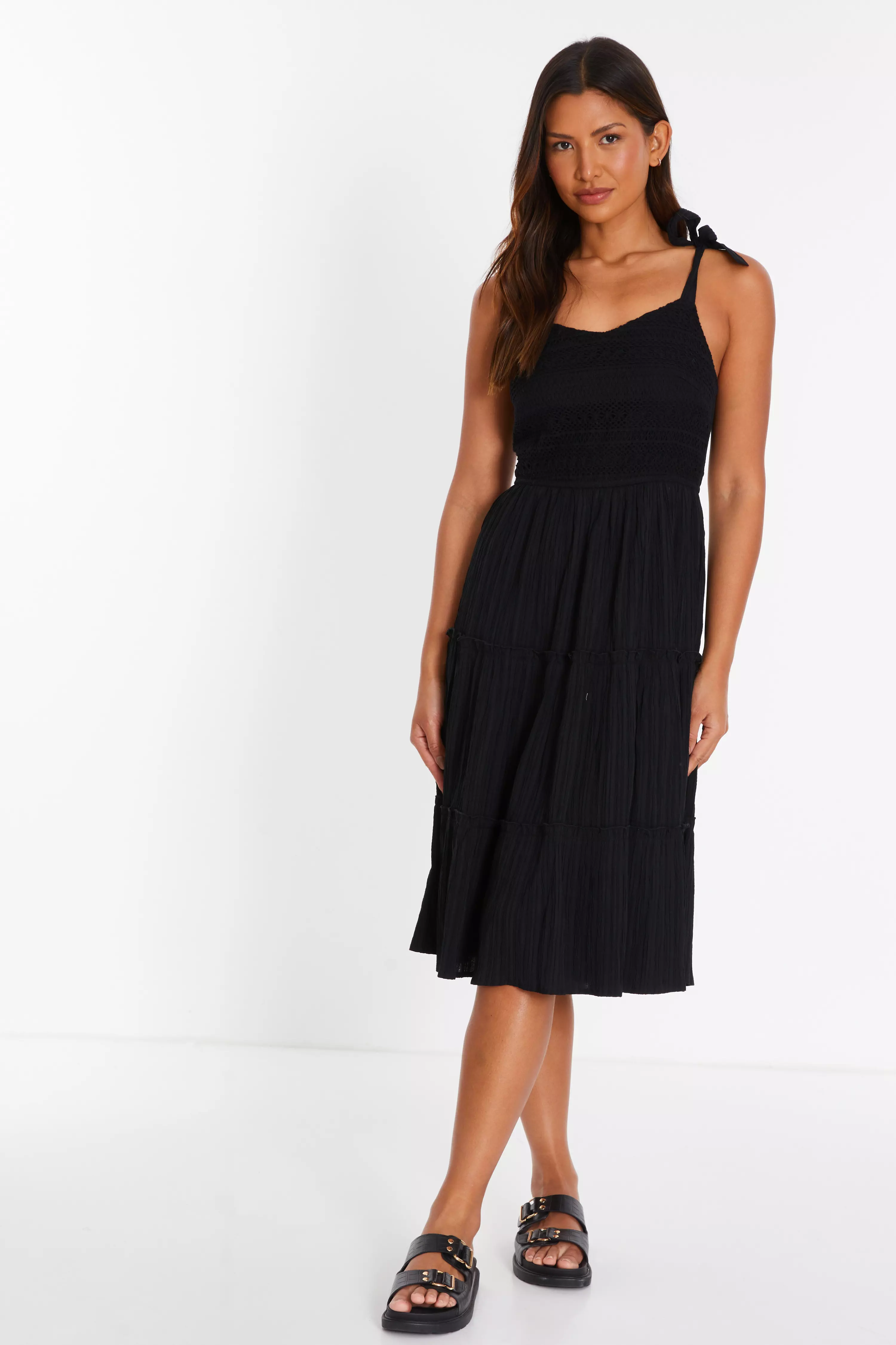 Black Strappy Tiered Midi Dress