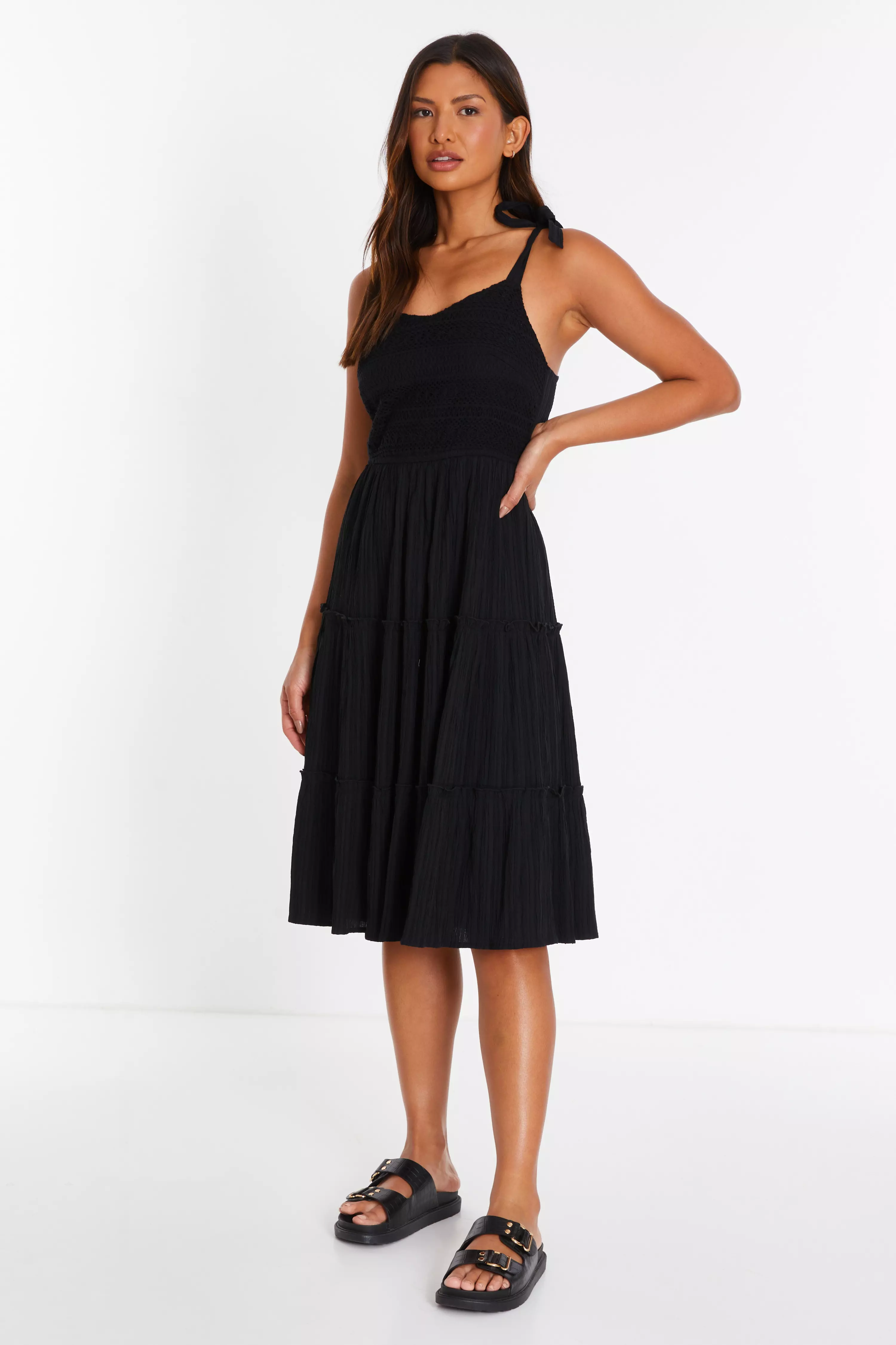 Black Strappy Tiered Midi Dress