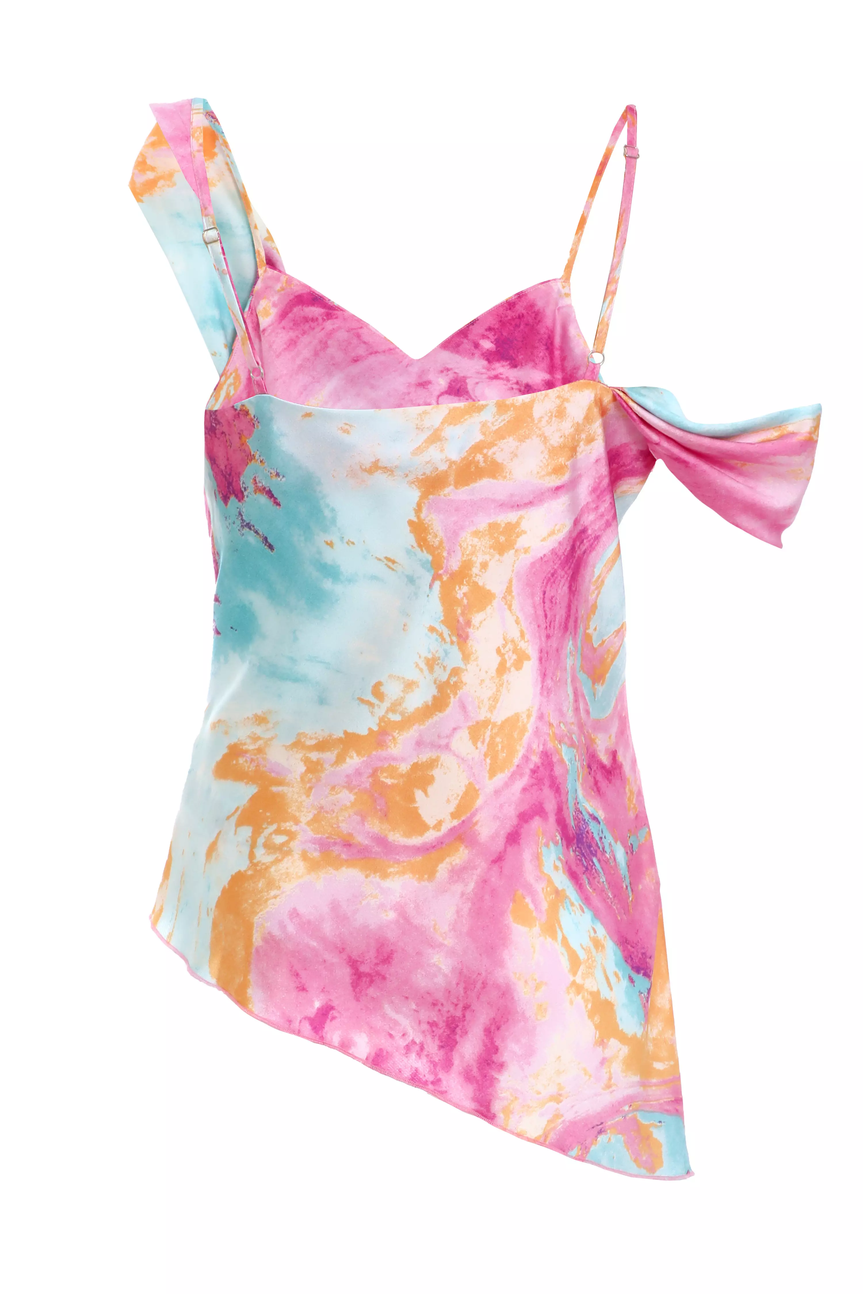 Pink Marble Print Satin Asymmetric Top 