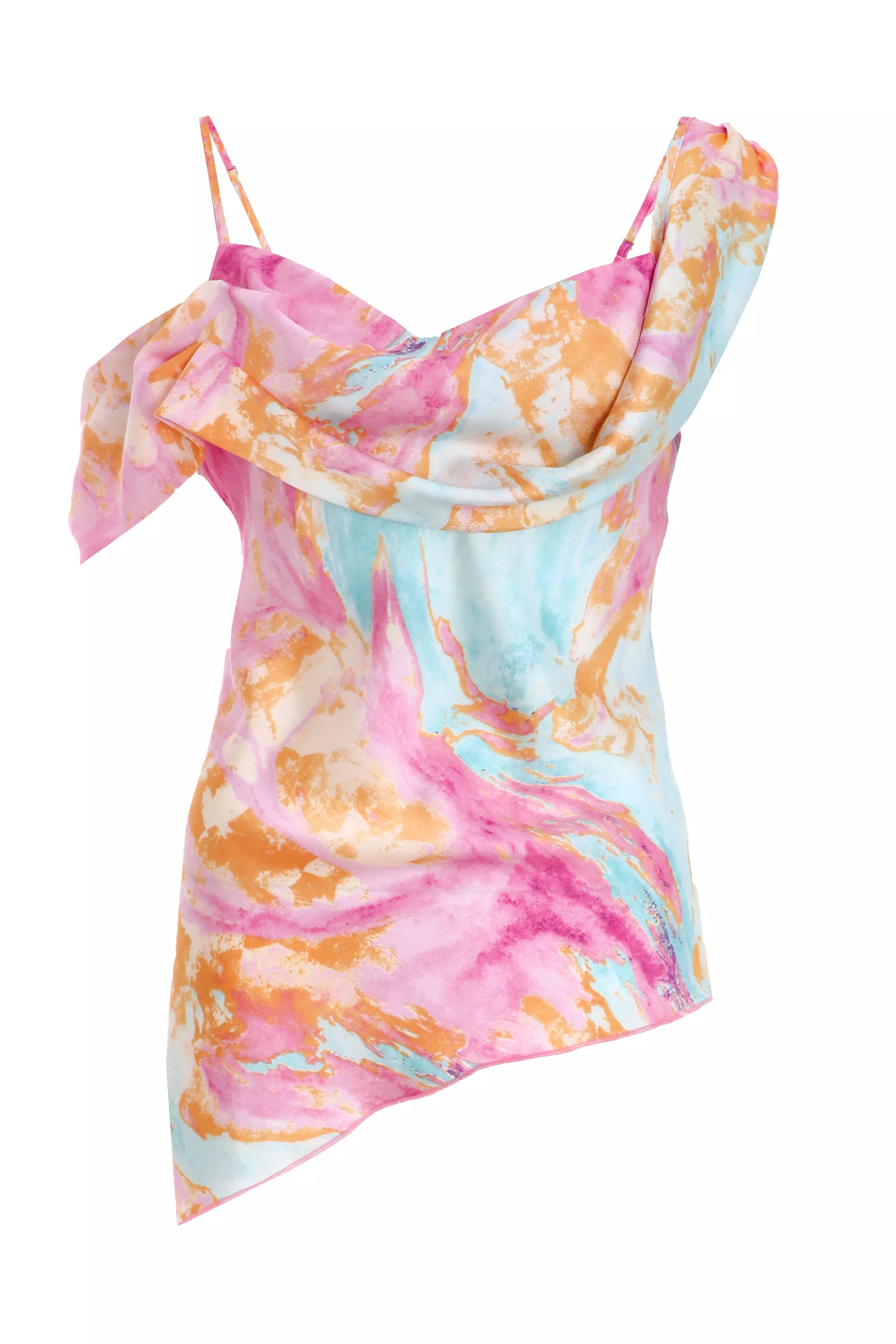 Pink Marble Print Satin Asymmetric Top 