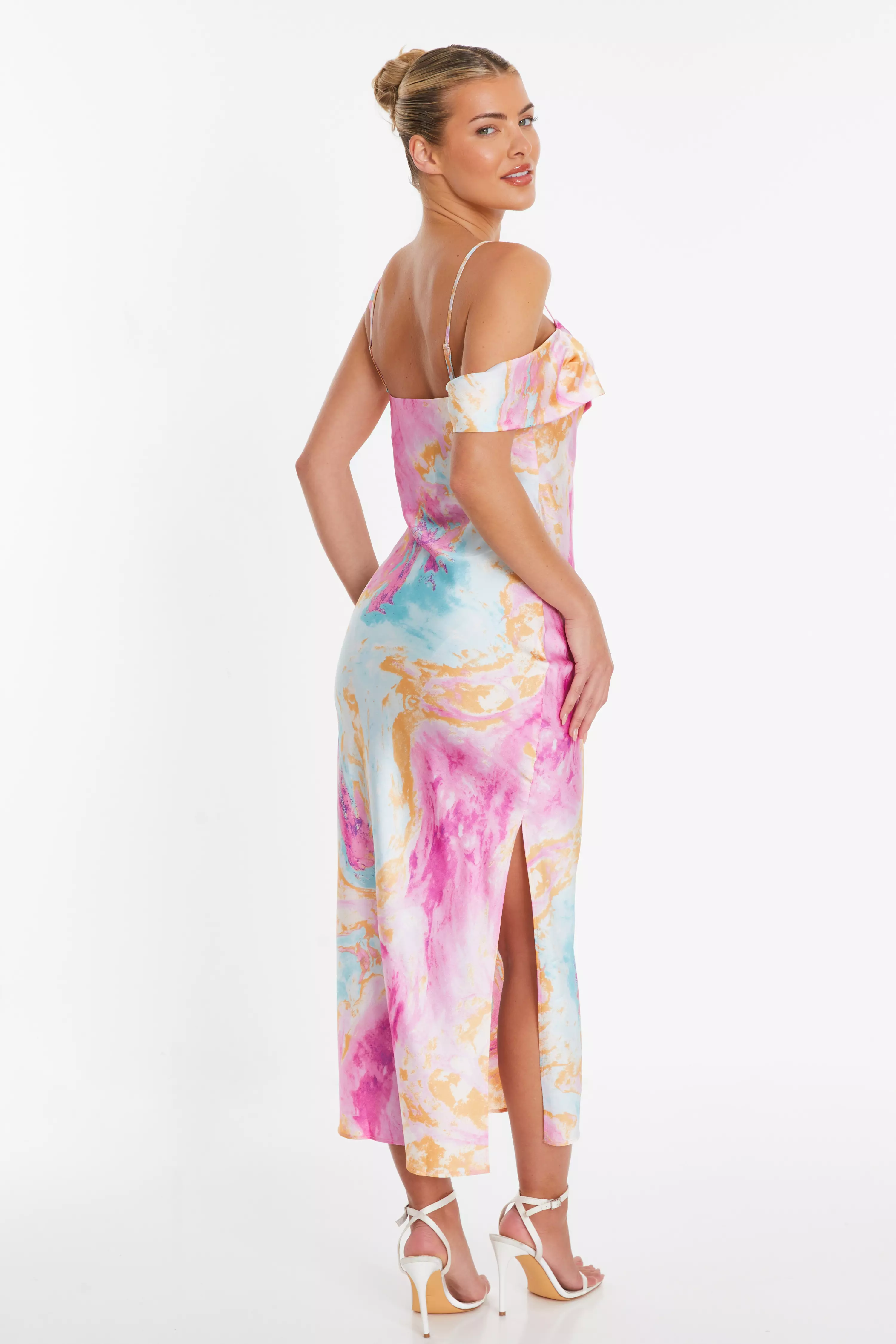 Pink Marble Print Satin Midaxi Dress