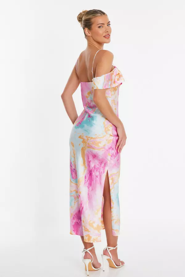 Pink Marble Print Satin Midaxi Dress