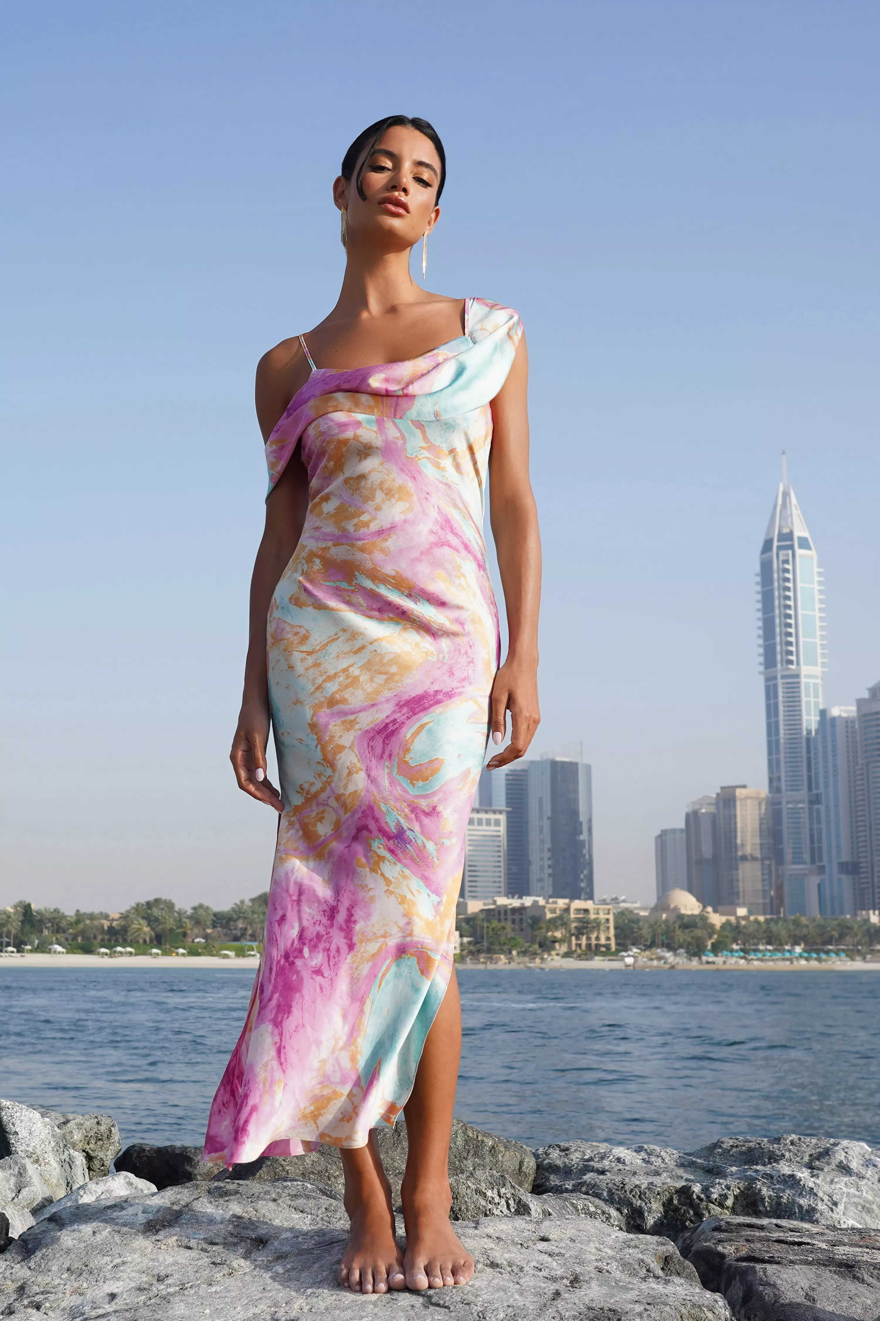 Pink Marble Print Satin Midaxi Dress