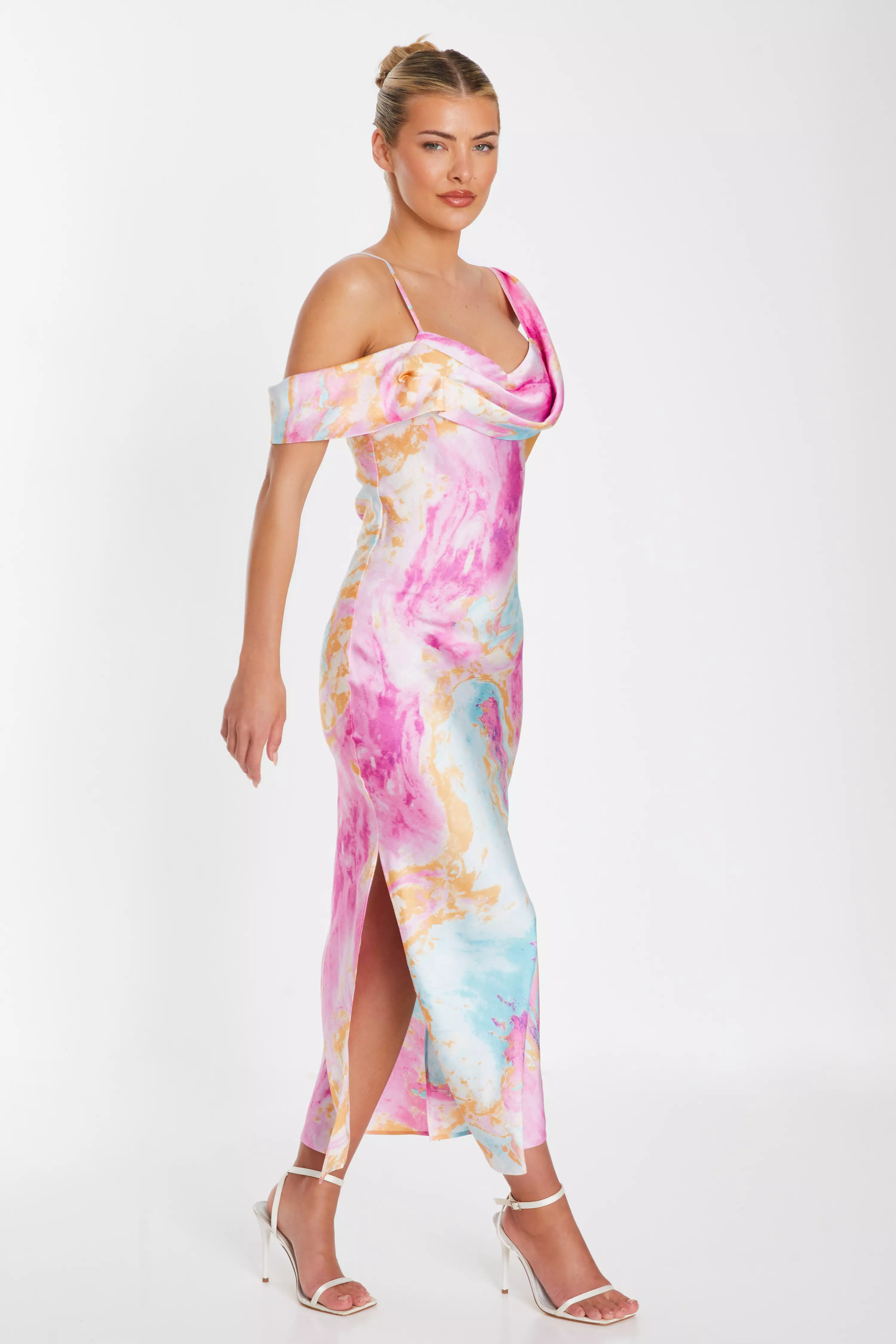 Pink Marble Print Satin Midaxi Dress