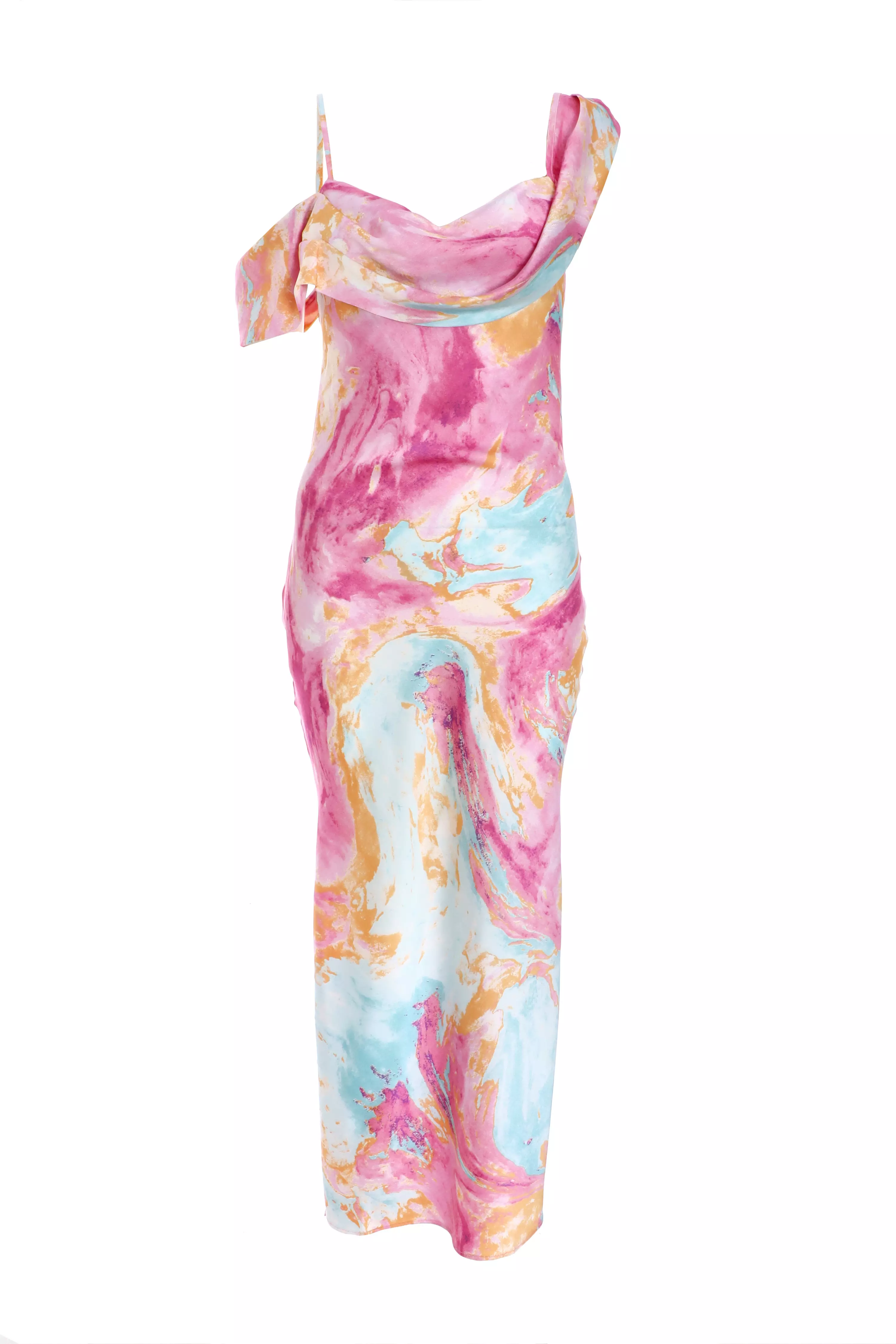 Pink Marble Print Satin Midaxi Dress