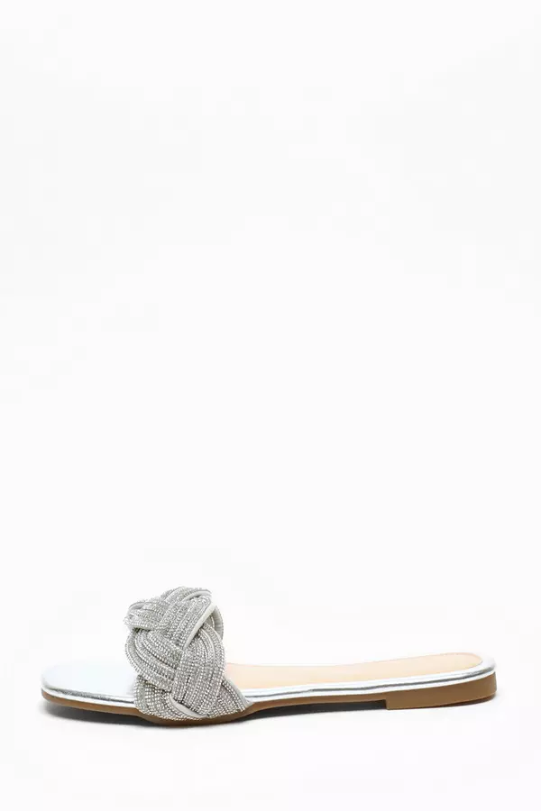 Silver Pleated Shimmer Flat Sandals 