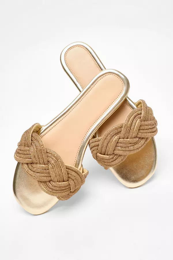 Gold Pleated Shimmer Flat Sandals 