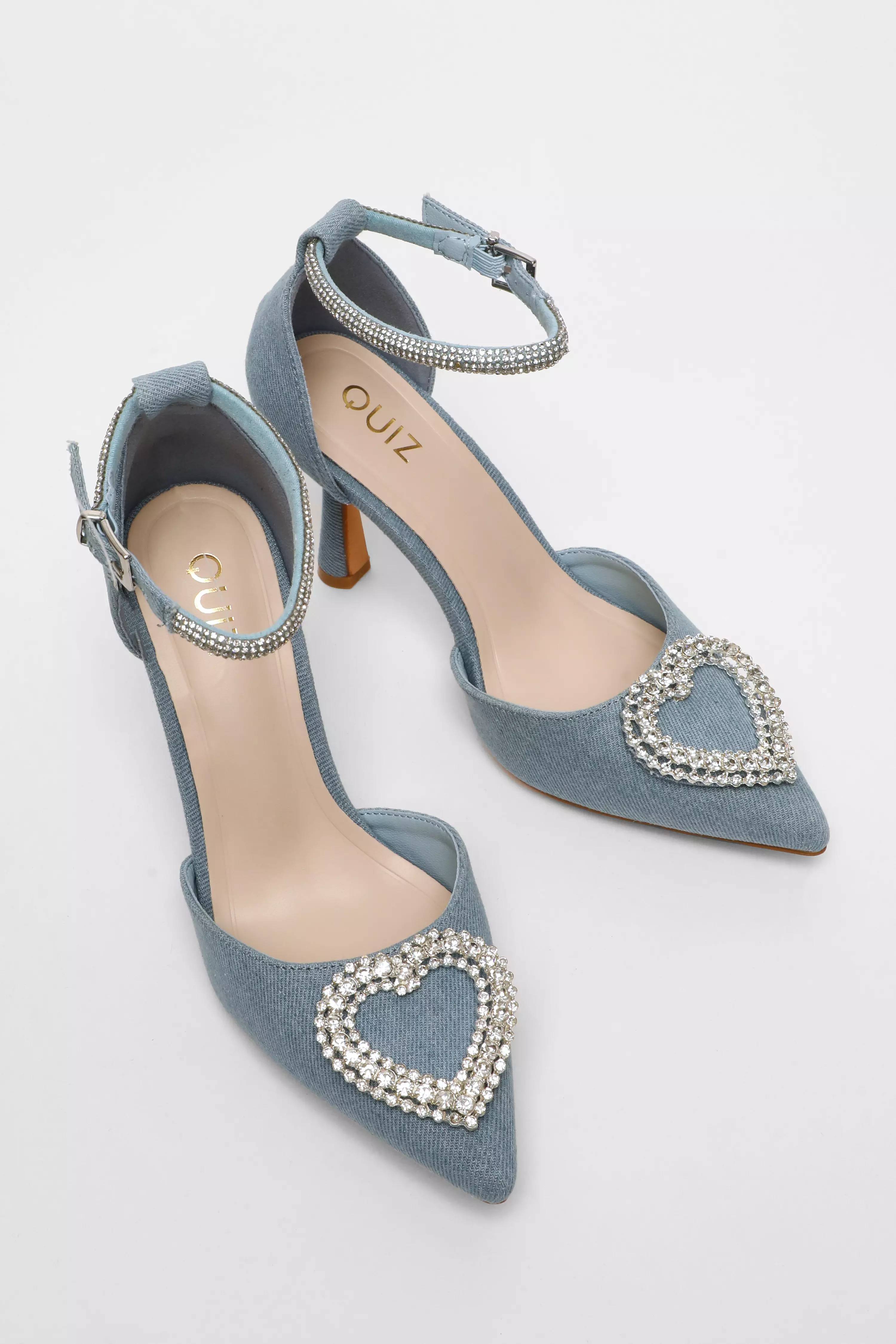 Blue Denim Diamante Heart Brooch Court Heels