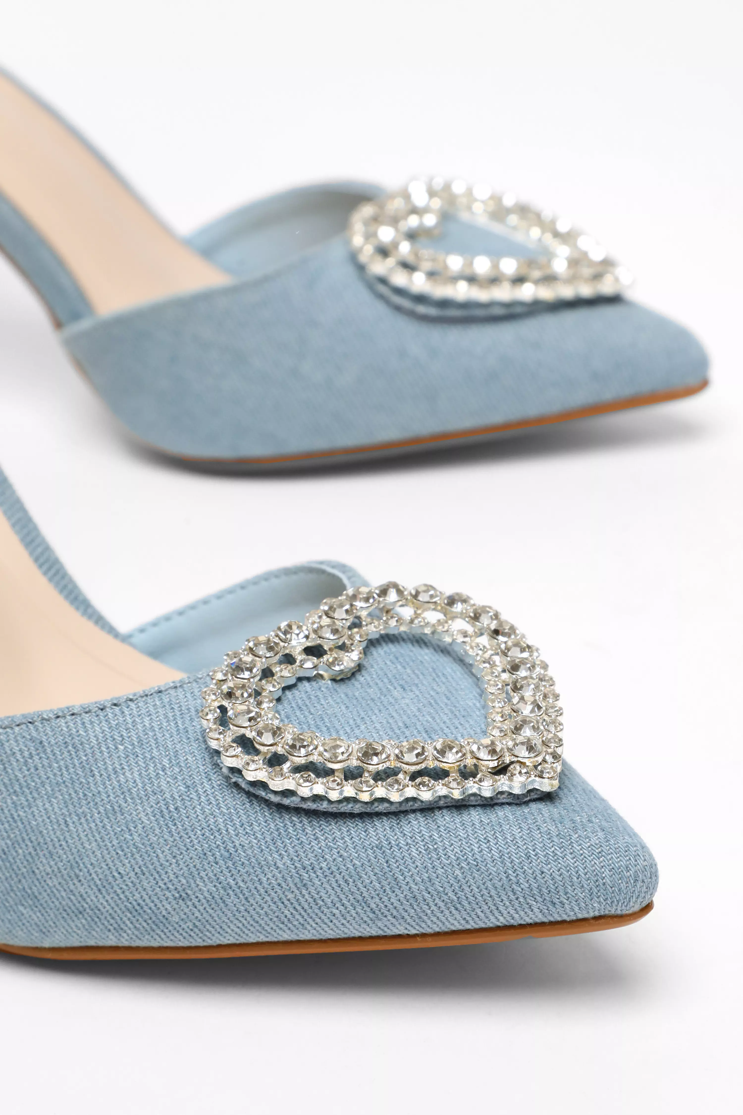 Blue Denim Diamante Heart Brooch Court Heels