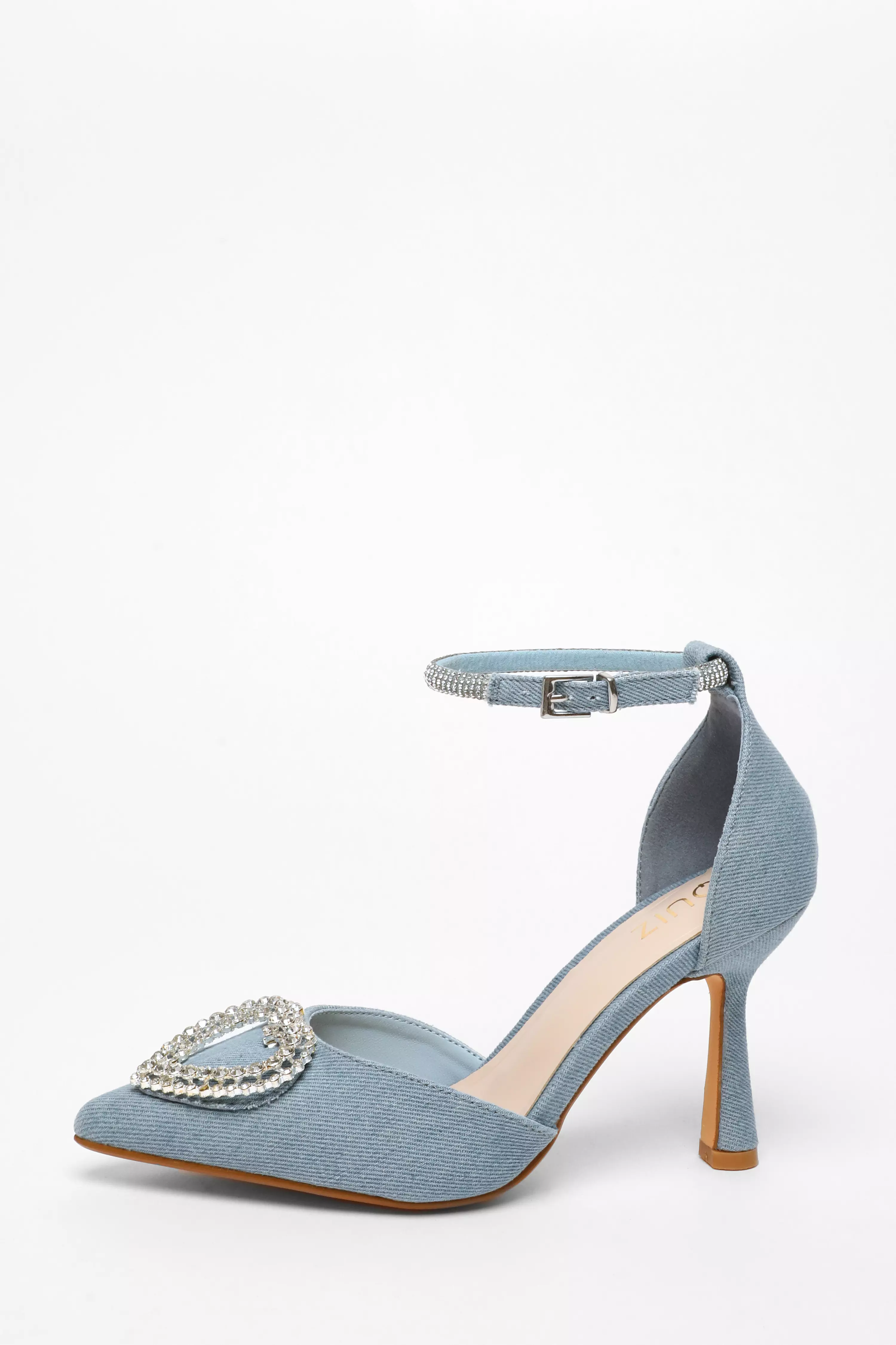 Blue Denim Diamante Heart Brooch Court Heels