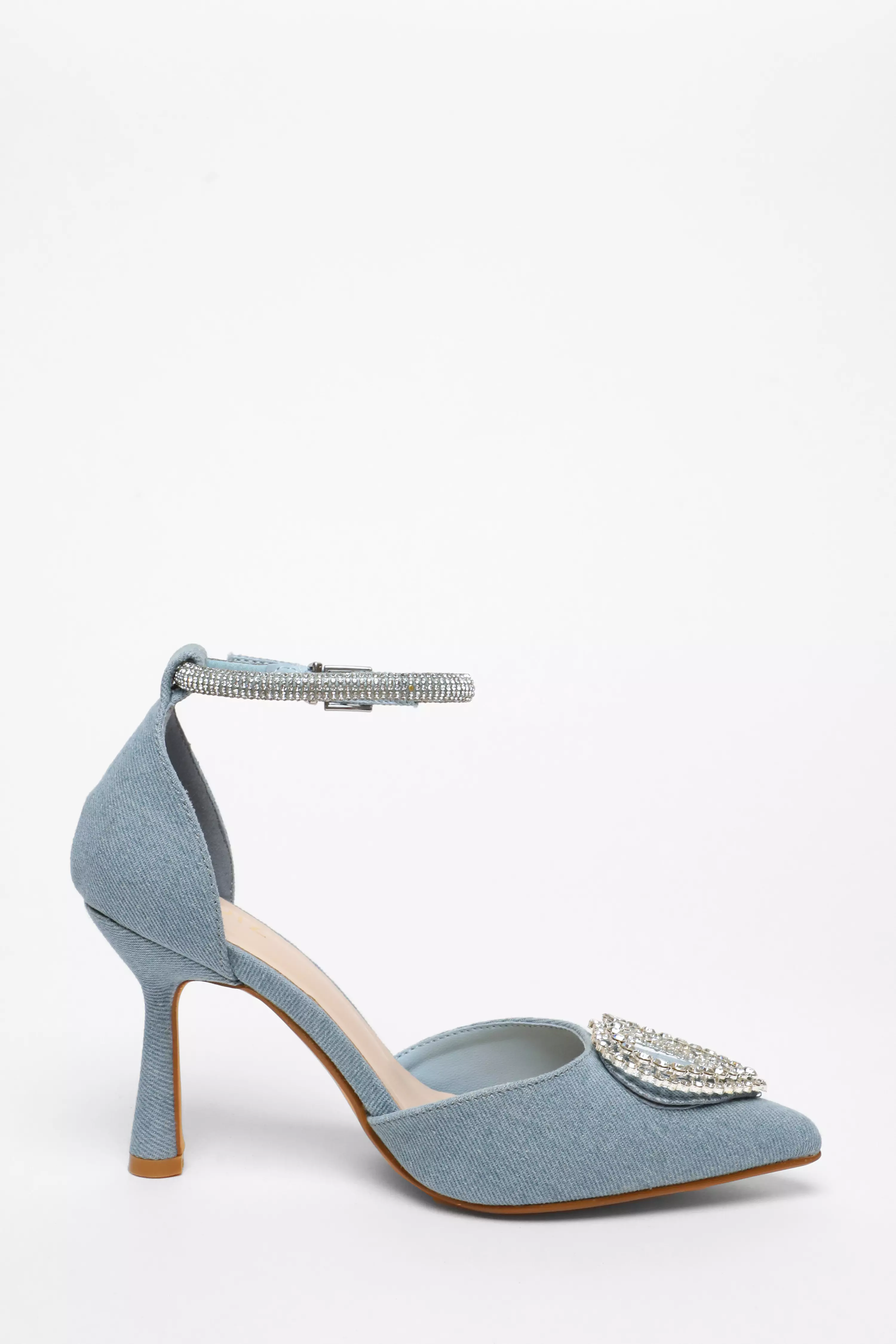 Blue Denim Diamante Heart Brooch Court Heels