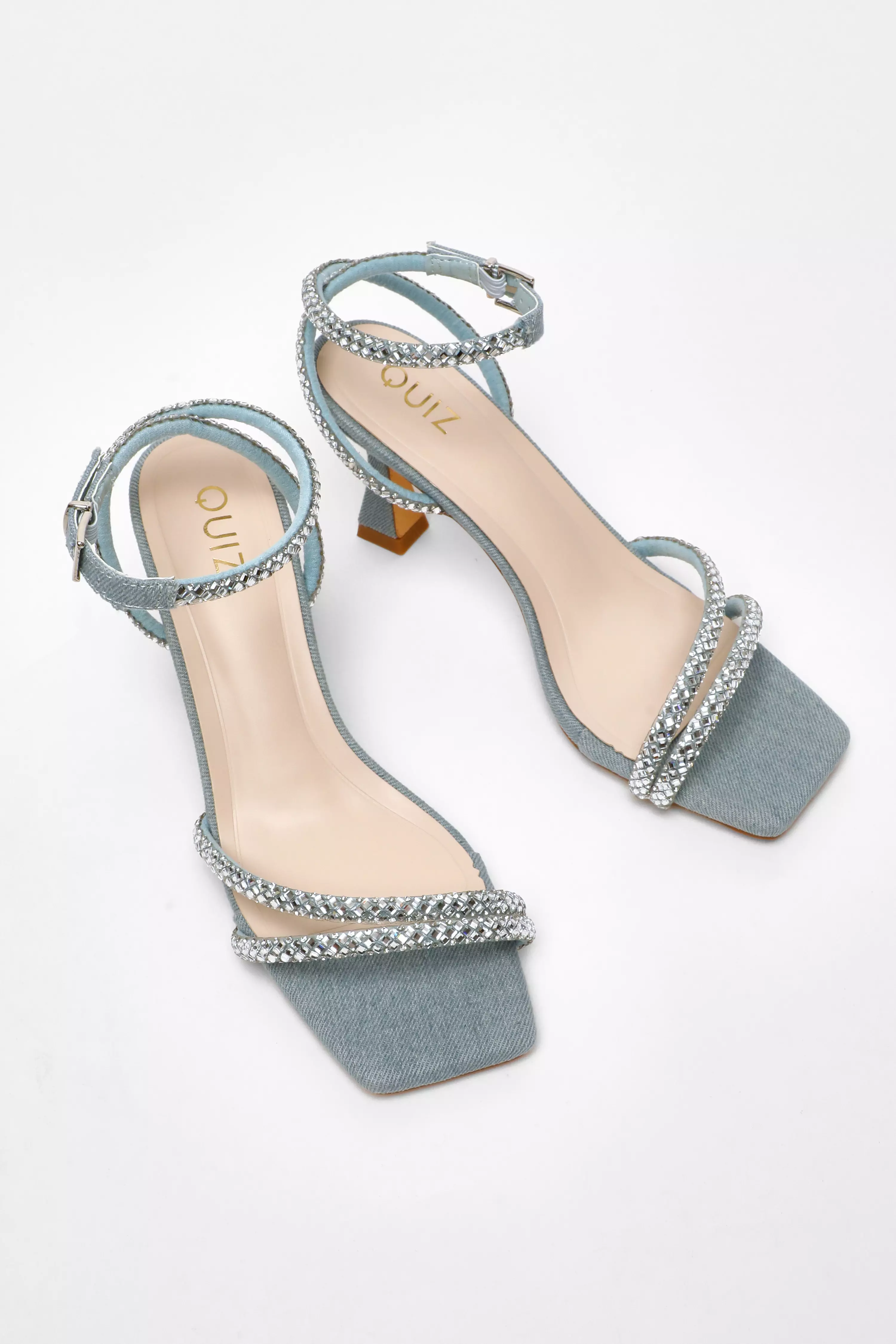 Blue Denim Diamante Asymmetric Heeled Sandals