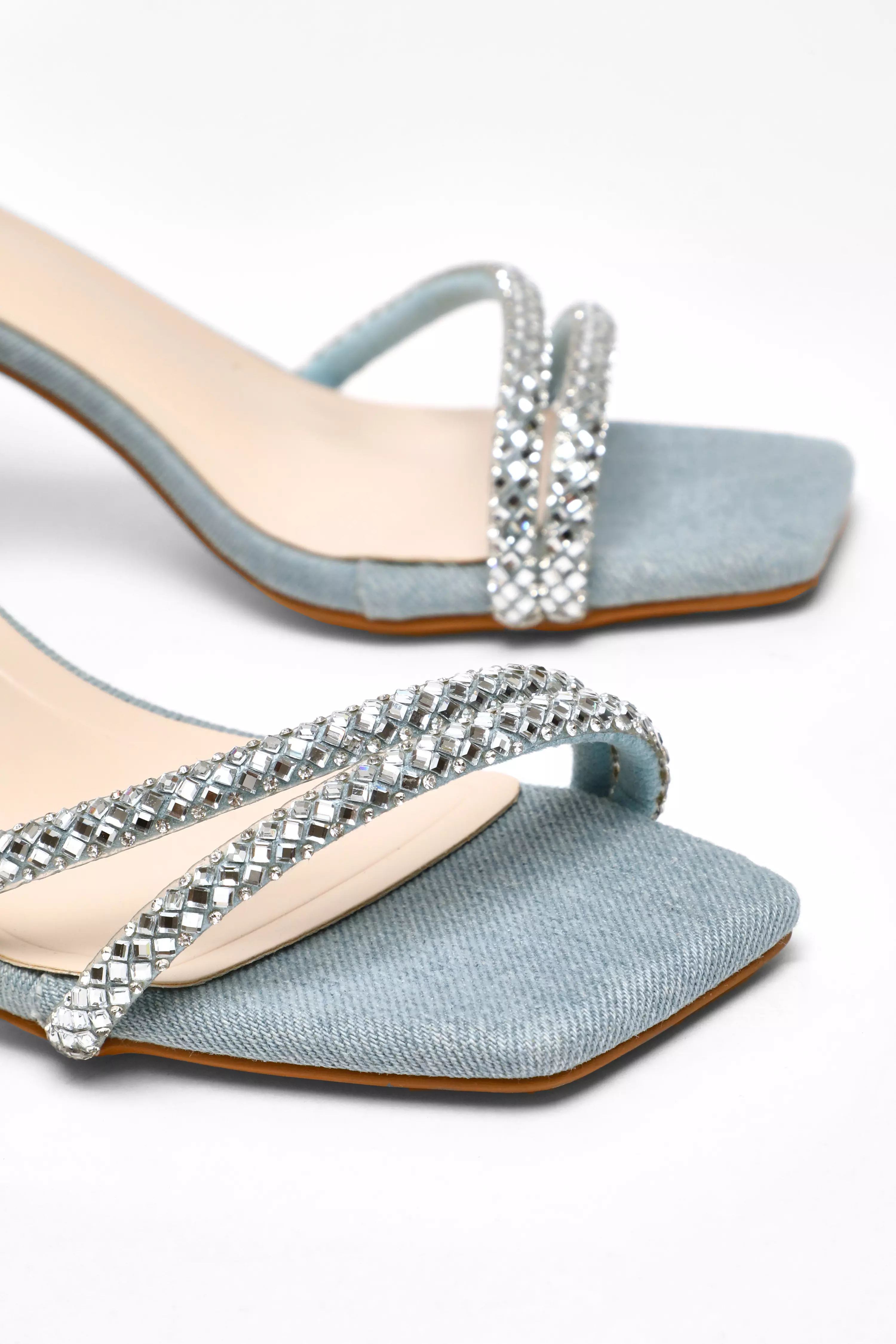 Blue Denim Diamante Asymmetric Heeled Sandals