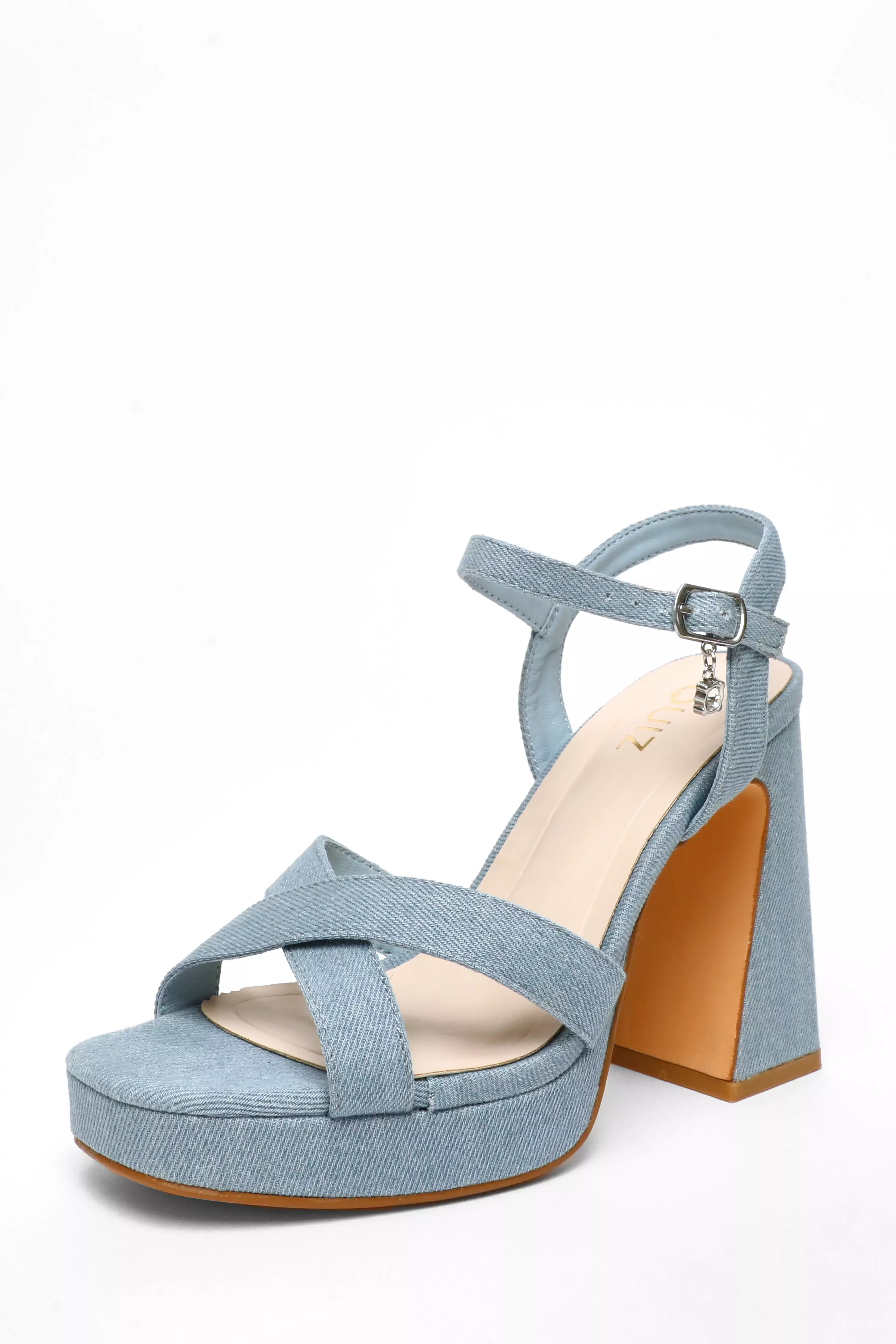 Blue Denim Cross Strap Platform Heeled Sandals