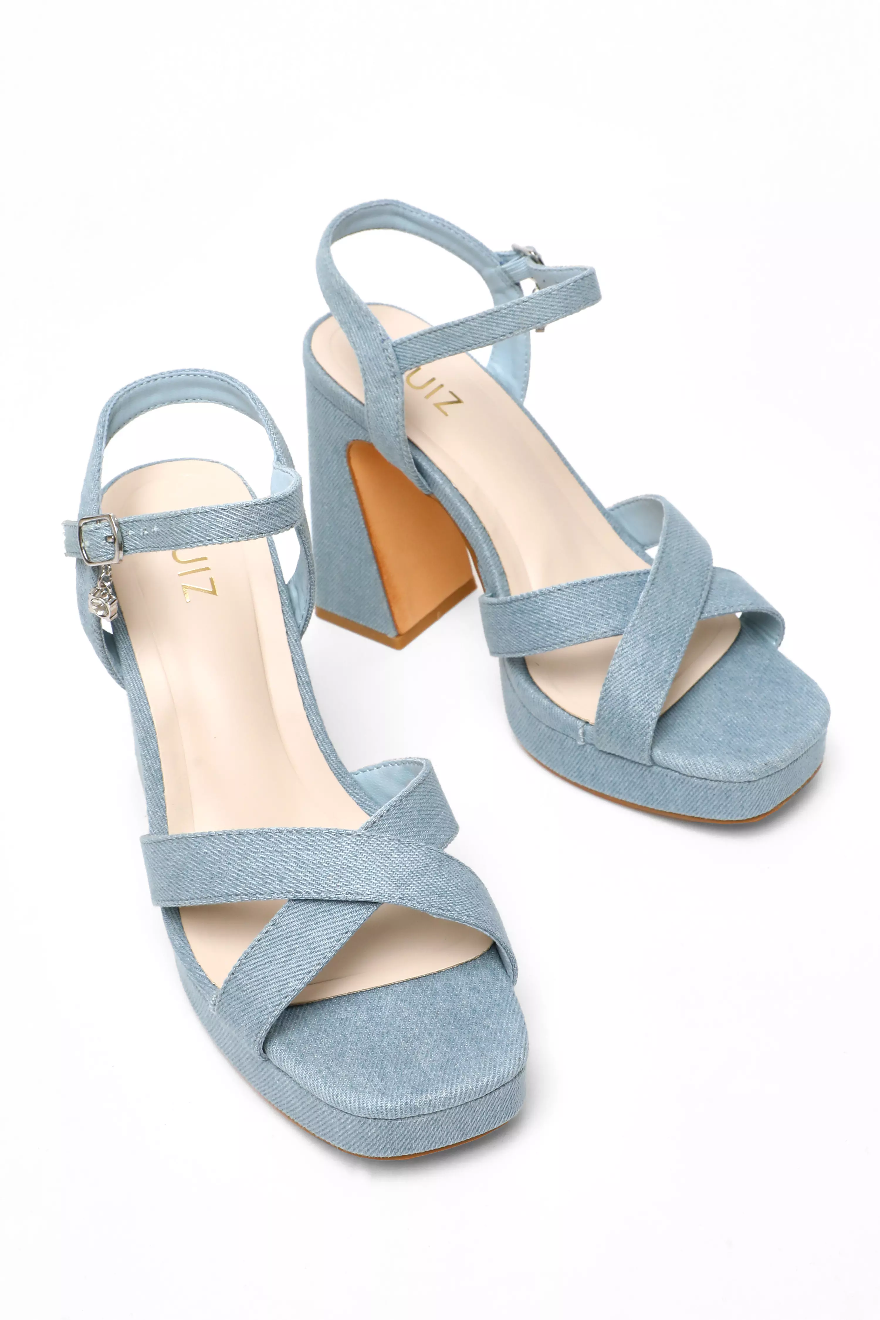 Blue Denim Cross Strap Platform Heeled Sandals