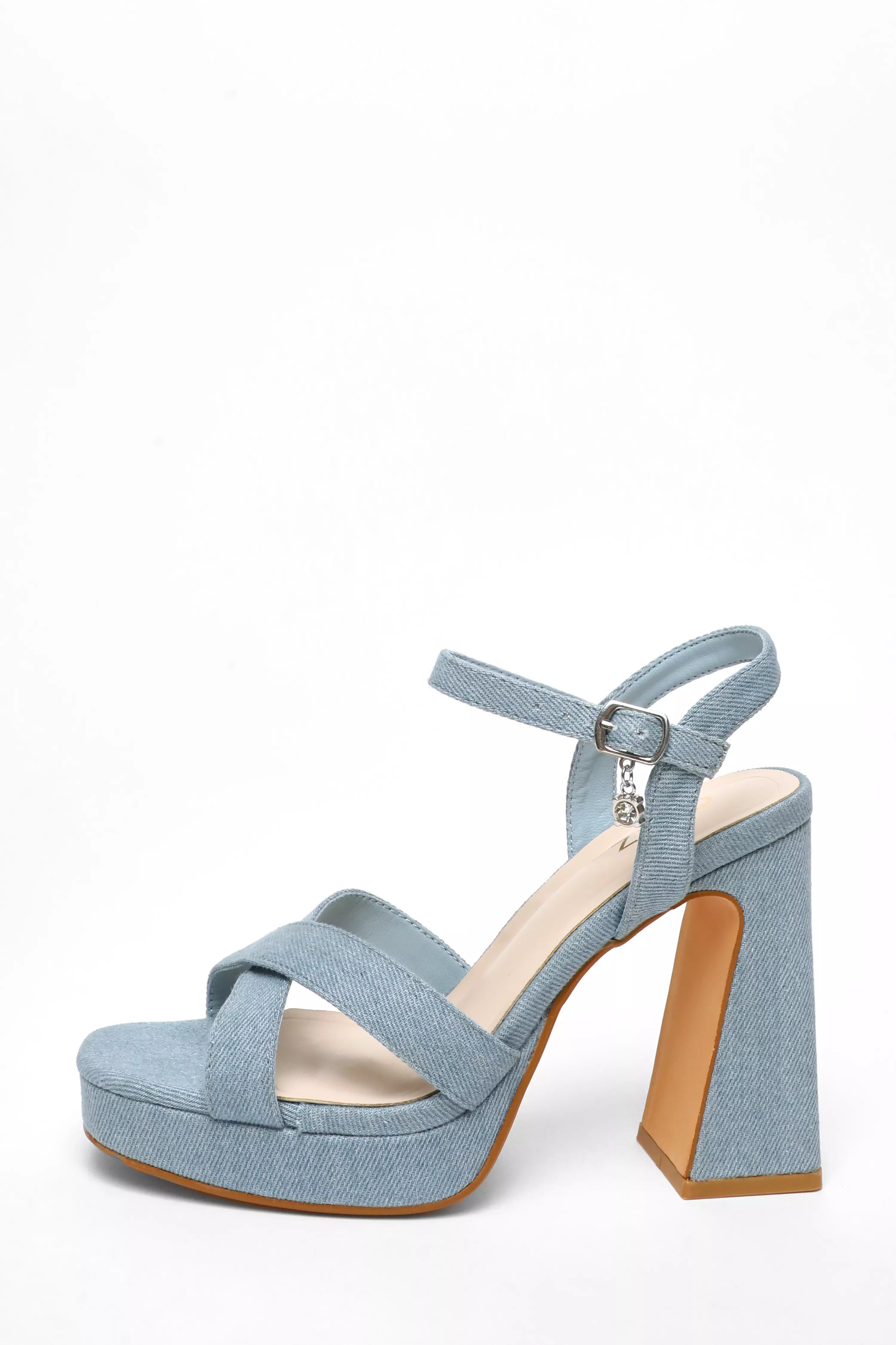 Blue Denim Cross Strap Platform Heeled Sandals